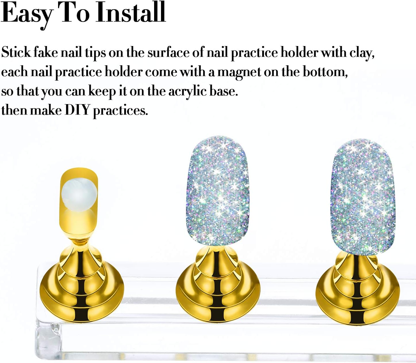 4 Set Nail Tips Holders Magnetic Acrylic Nail Practice Stands Fingernail Display Stands Manicure Training Holder and 126 Pieces Clear Reusable Sticky Clay Adhesive Putty (Gold, Silver, Black, White) image number 4