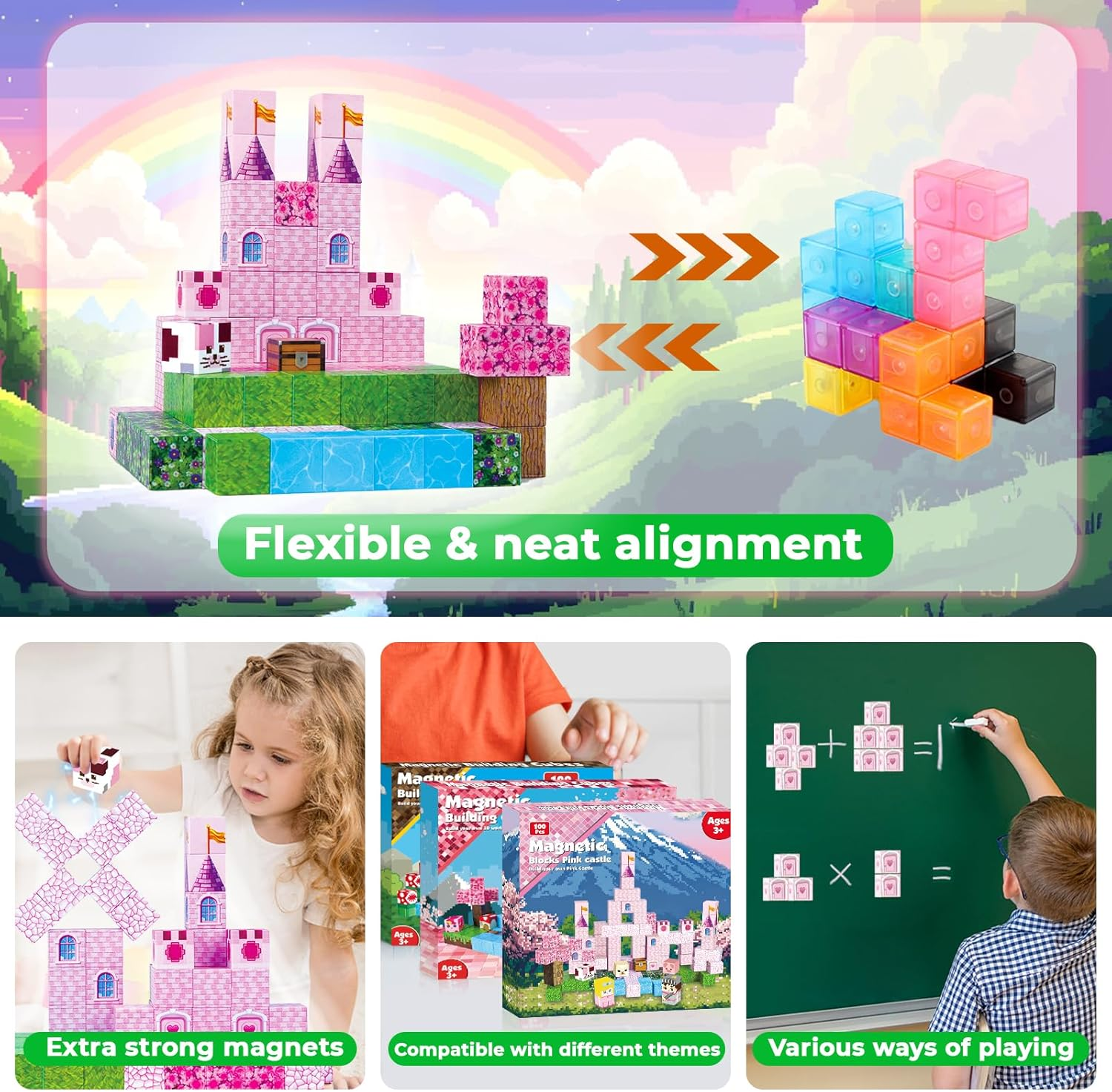 Magnetic Blocks-100Pcs Magnetic Building Blocks, Castle Princess Castle Garden STEM Building Cubes for Toddler Kids Toys, Construction Toys for Kids Ages 3+ image number 6