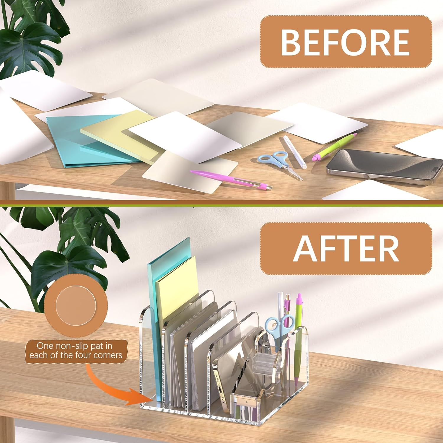 Merrynine Acrylic Desk Organizer, Clear Desk Storage with 4 Compartments, Pencil Holder for Office,Home, School Desk Organization image number 2