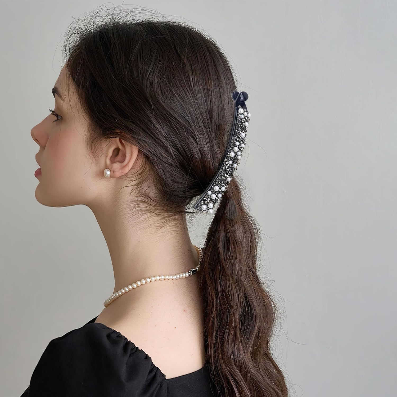 Pack of 2 Banana Clip Hair, Rhinestone Beads Banana Hair Clips, Banana Clip Thin Hair, Suitable for Women, Girls (Black + Silver) (Black + Silver)