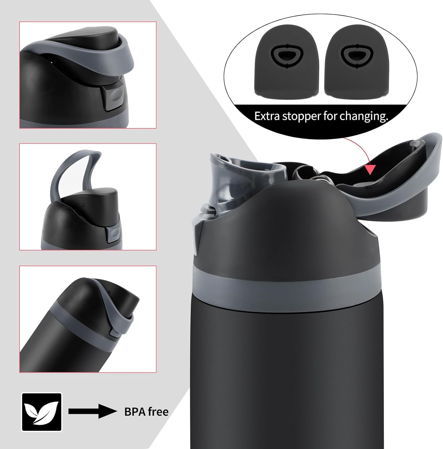 Replacement Lid for OWALA Freesip Cup 16Oz, 24Oz, 32Oz, 40Oz -Leak-Proof Accessories Kit - 2 Owala Silicone Stoppers Included (Black & Grey) image number 2
