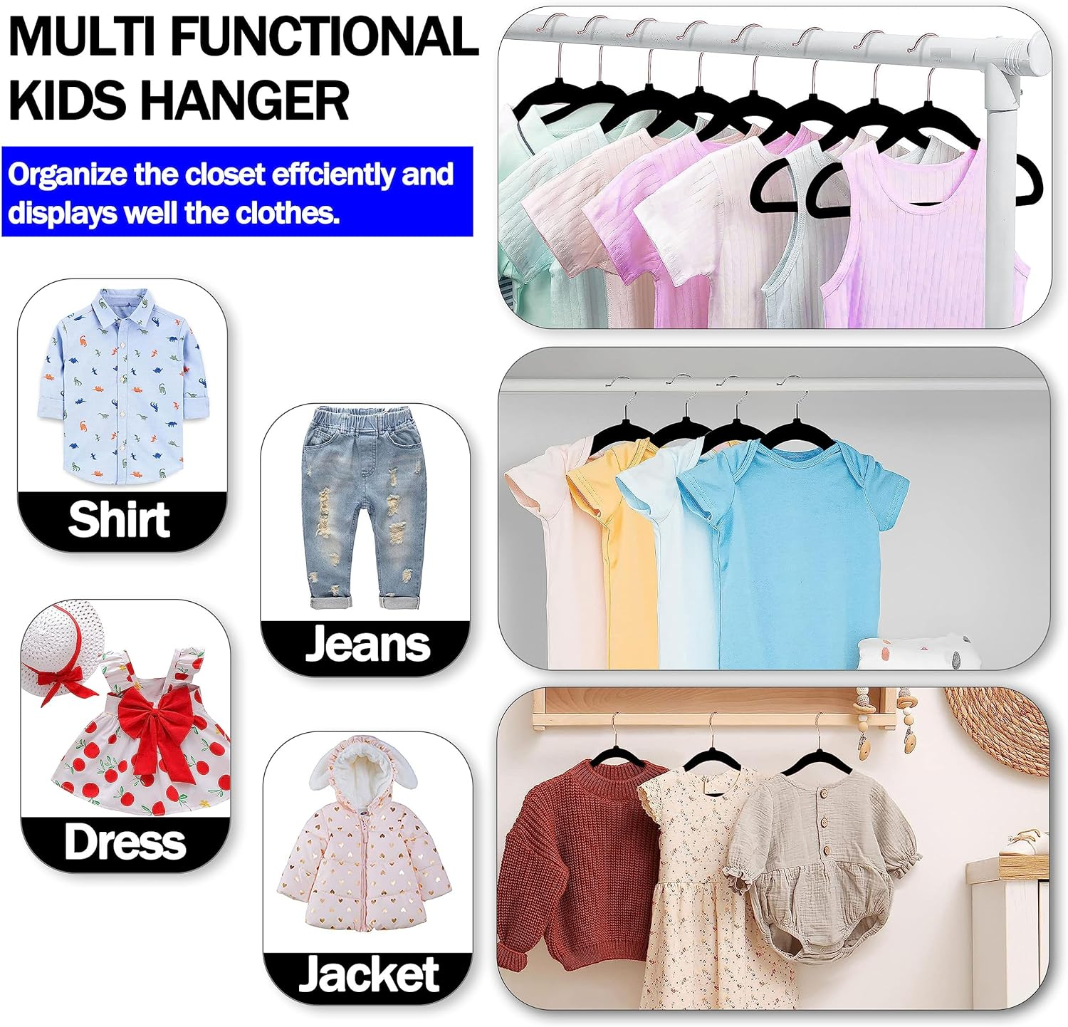 GVTECH Kids Hangers Velvet, [50 Pack] Children Cloth Durable Baby Hangers for Closet - Perfect Infant Toddler Kid Hanger for Everyday Use, Non Slip 360&deg; Hooks for Shirt, Pant, Dress (50 Pack, Black) - Black image number 4