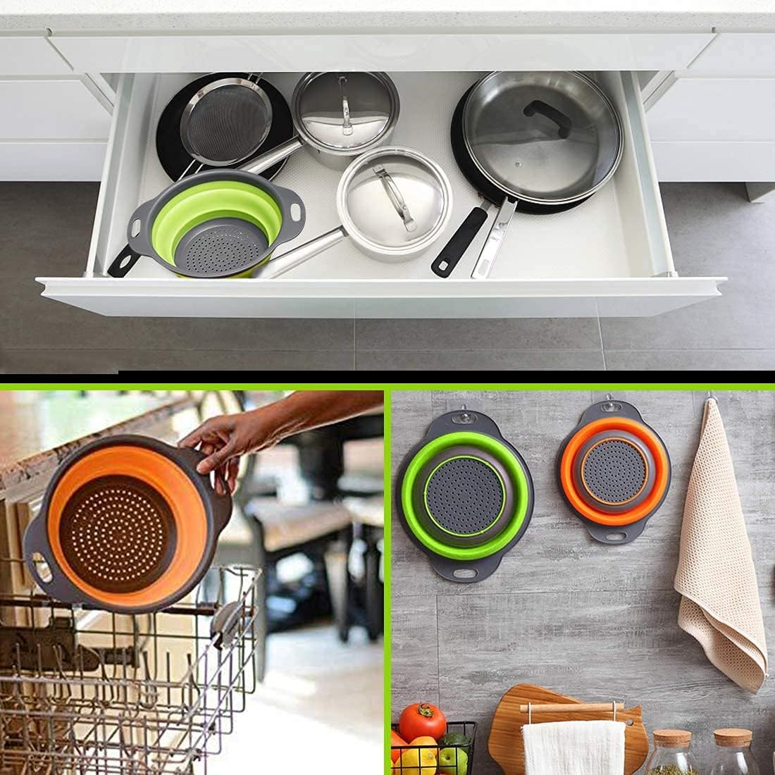 Collapsible Colander Set of 2 round Silicone Kitchen Sink Strainer Set and Fruit Basket- 1 Large 1 Small Perfect for Draining Pasta, Vegetable and Fruit - Home Essentials (Green)