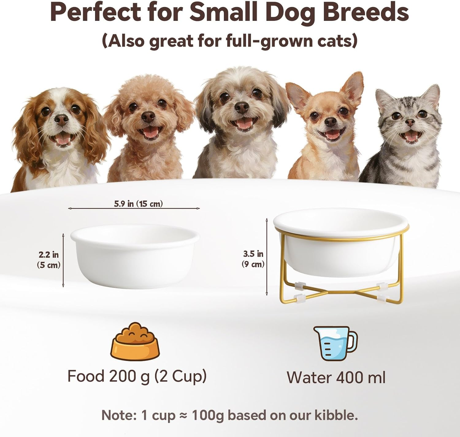 Elevated Ceramic Dog Bowl with Metal Stand - Raised Feeding Dish for Small Dogs and Cats - Ideal for Food or Water - Each Holds 400Ml / 2 Cups (Approx. 200G) - White image number 2