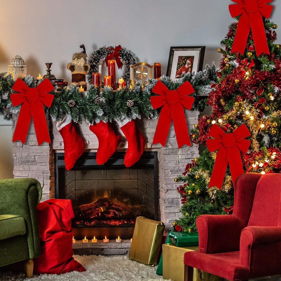 10 Pack Red Bows Christmas Tree Decorations,9&rdquo;X13&rdquo;Large Velvet Ornament Bow with Glitter Gold Edge for Xmas Home Wreath Fence Stairs Railing Fireplace Indoor Outdoor Front Door Decor image number 3