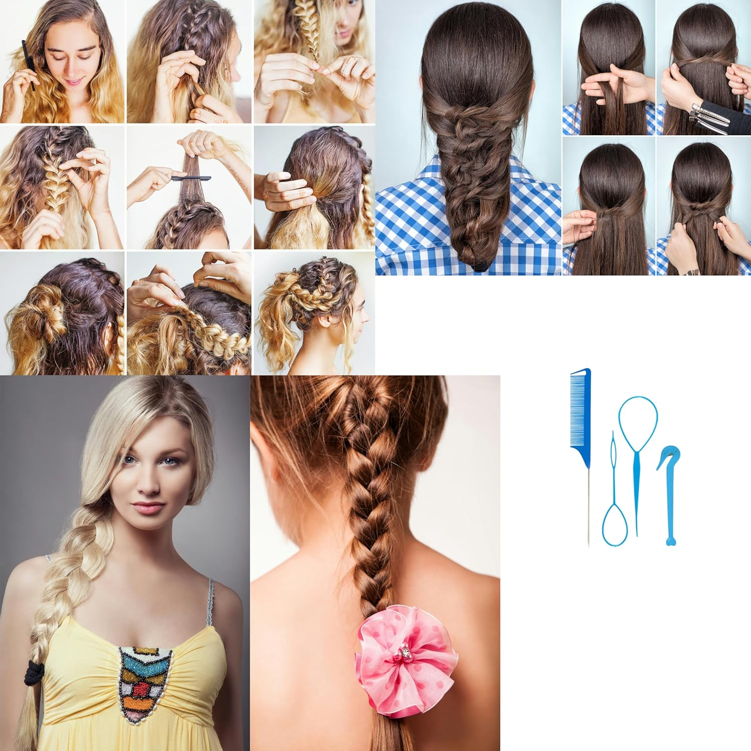 4 Piece Hair Braiding Tool Kit Professional Hair Styling Set for Perfect Braids, Includes Hook, Comb, Clips, and Accessories Ideal for Beginners and Expert (Blue) image number 4