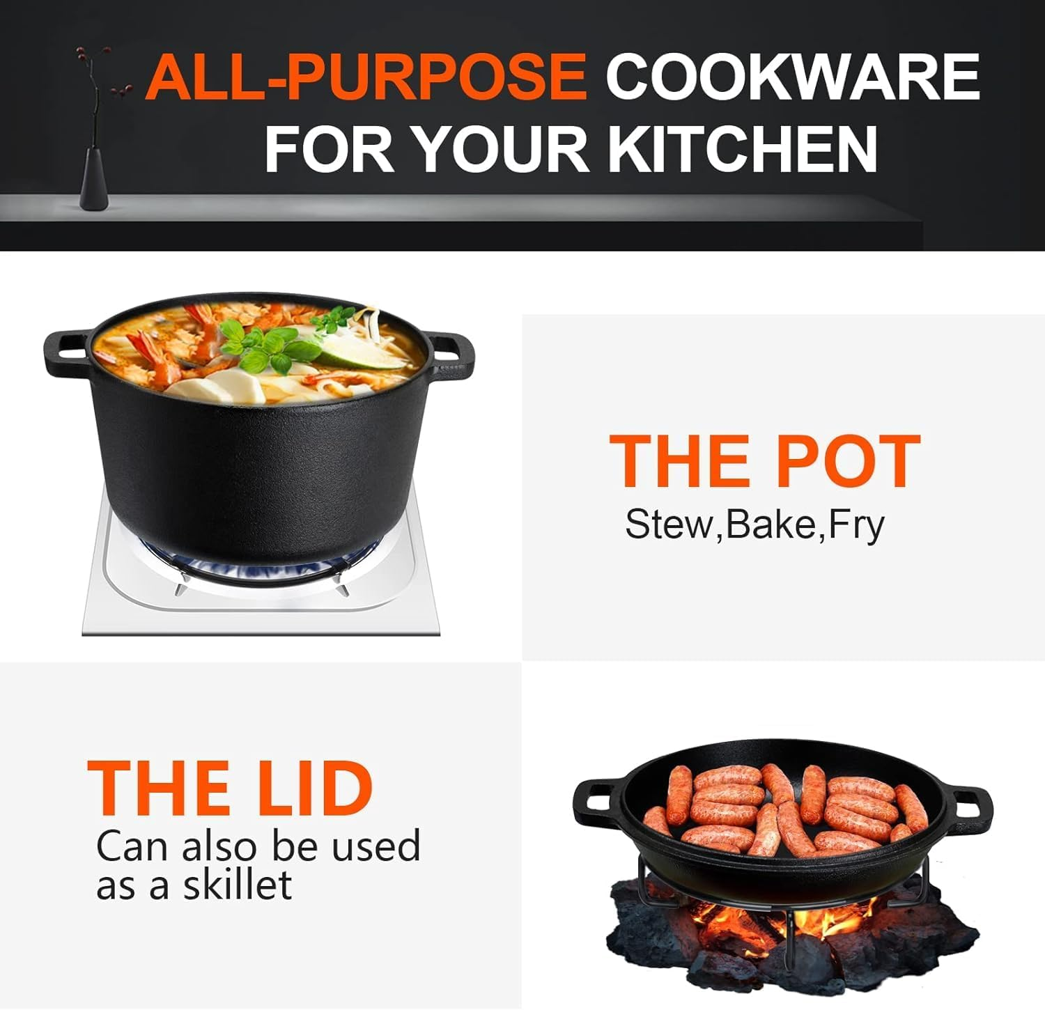 Homodoskey 2 in 1 Pre Seasoned Dutch Oven with Skillet Lid for Induction, Electric, Grill, Stovetop, BBQ, Camping (5.2 Litre Pan) image number 2