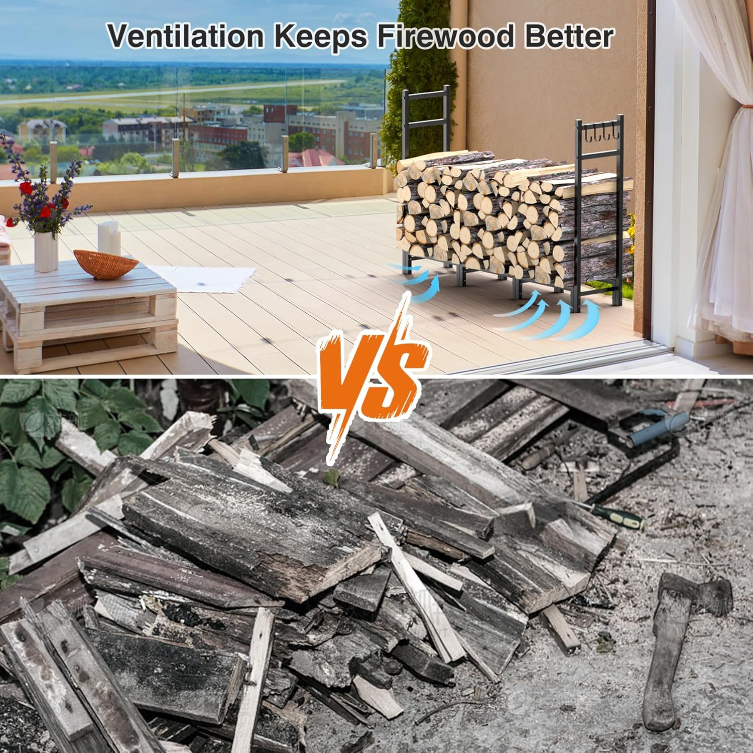 Firewood Rack, Heavy Duty Big Fireplace Rack, 44.7"L X 31.5"H Folding Firewood Storage Log Rack with 4 Hooks, Adjustable Fireplace Log Rack for Wood Storage,Keeps Firewood Neat,Drying-Not Include Wood image number 2