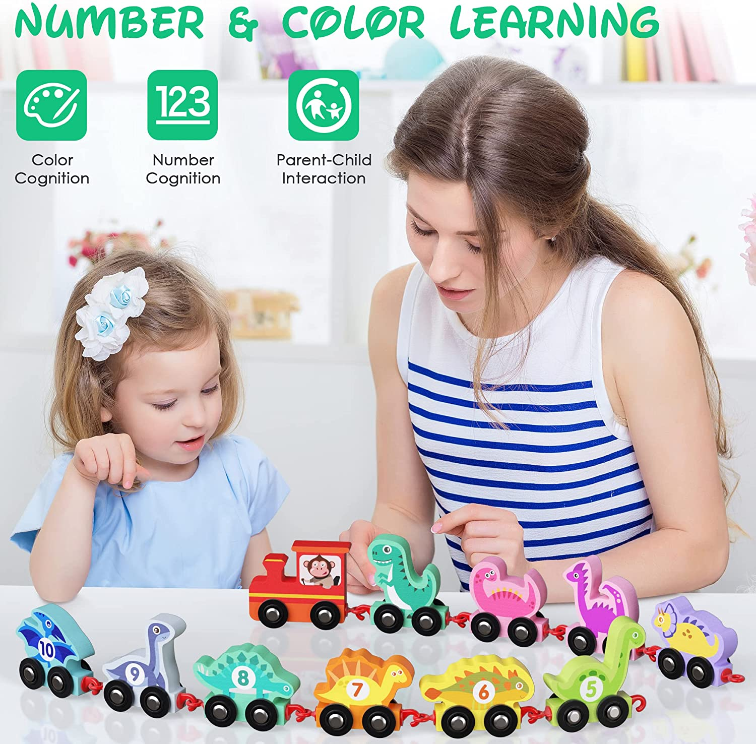 Dinosaur Toys for Toddlers Age 2-4, Wooden Dinosaur Train Set with Playmat/Storage Bag, Montessori Educational Toys for 2+ Years Old Boys & Girls image number 3