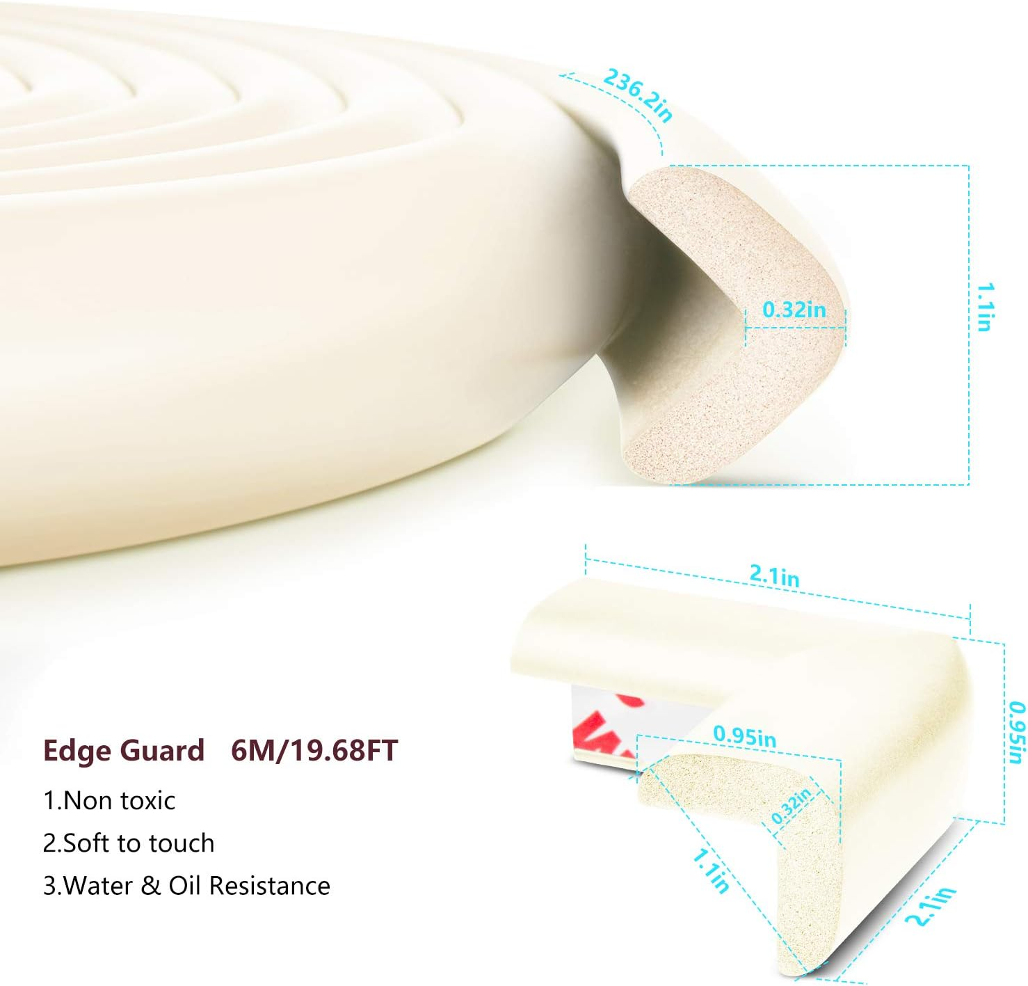 Baby Proofing Edge & Corner Guards,22.3 Ft-(19.68Ft Edge + 8 Corners) Furniture Bumper Cushion Table Edge Corner Protector Non Toxic and Safe for Fireplace, Stair, Cabinet, Countertop, White image number 4