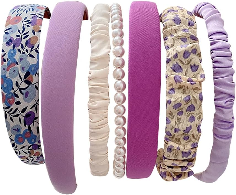 7 Pieces Multi Style Headbands Flower Beads Floral Hair Bands Fashion Padded Fabric Solid Color Cute Hair Accessories Purple image number 1