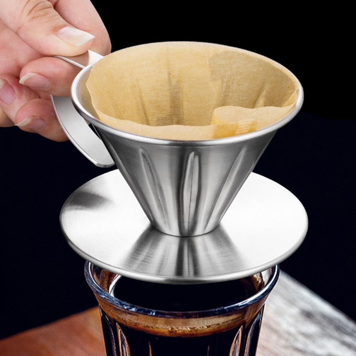 GLEAVI Stainless Steel Coffee Filter Cone Drip Filter with Handle and Base, Small Manual Coffee Strainer Funnel for Home Brewing and Tea Brewing image number 2