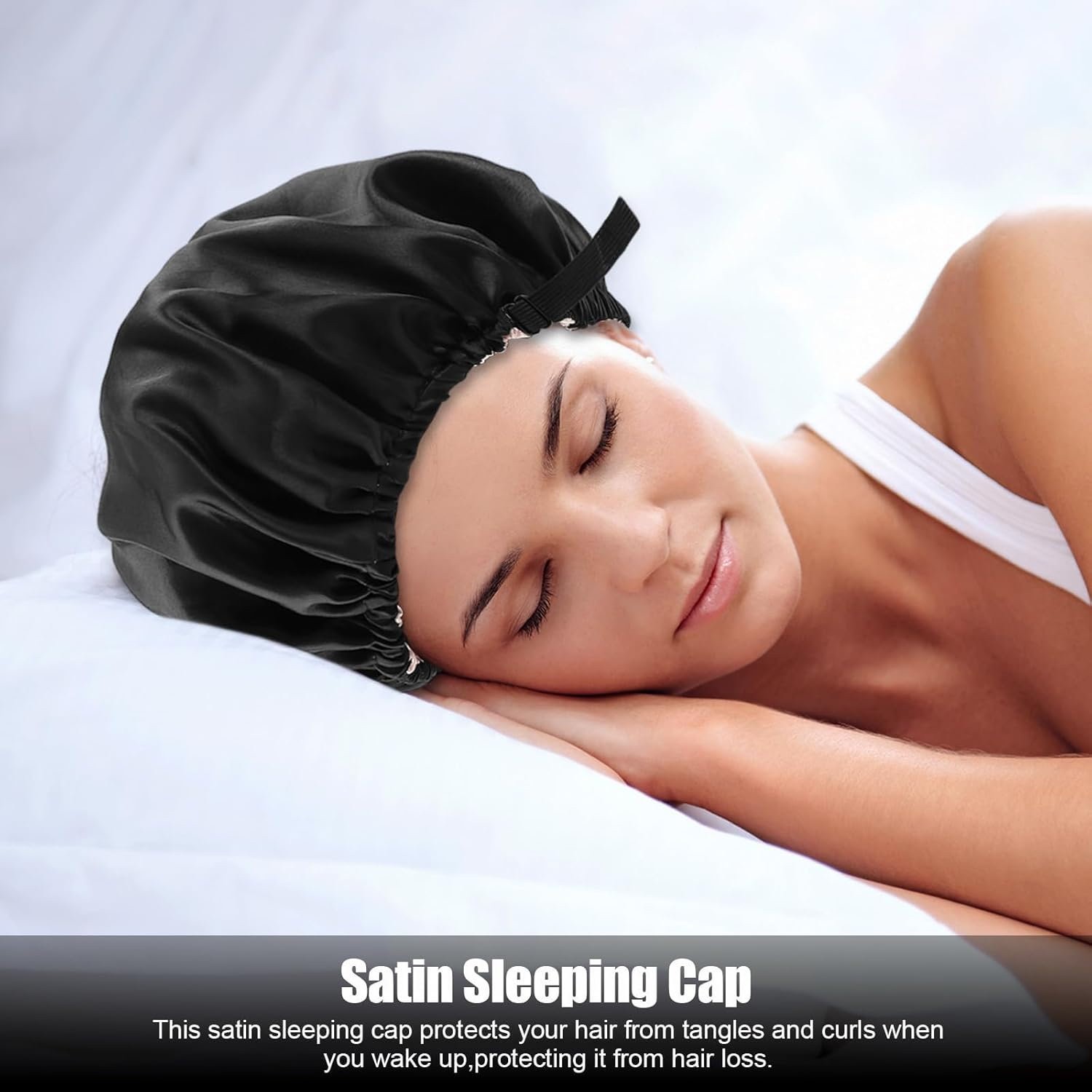 Satin Bonnet, Adjustable Double Layered Satin Cap, Satin Sleep Hair Cap for Women Girls Shower, Sleeping (Black) image number 5