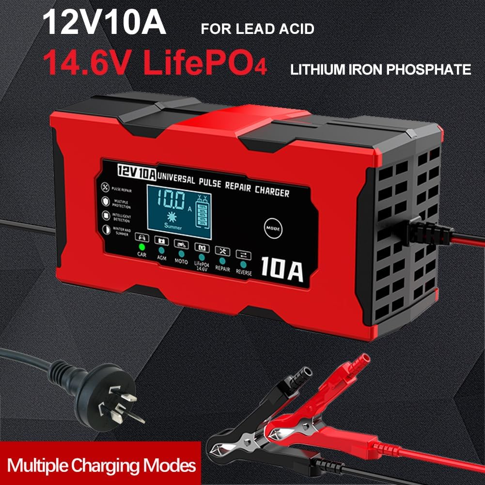 Augoing Battery Charger for 12V10A Lead Acid and 14.6V Lithium Iron Phosphate (Lifepo4) Batteries, Automatic Car Maintainer Trickle and Desulfator with Pulse Repair and Temperature Compensation image number 5
