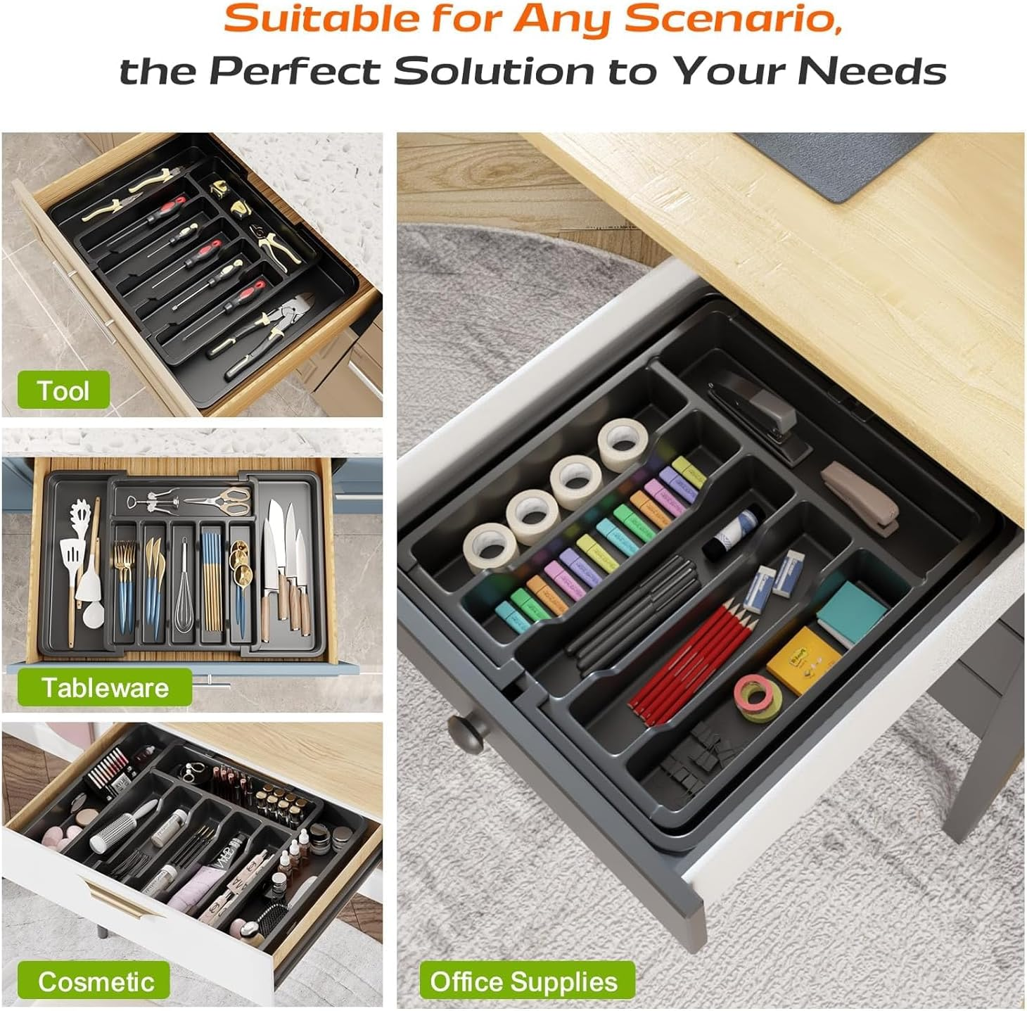 Expandable Cutlery Drawer Organizer, Adjustable Utensil Tray for Kitchen Drawers, Flatware Holder, Plastic Storage for Spoons, Forks, Knives, Durable Design, Space-Saving and Easy to Clean, Black image number 4