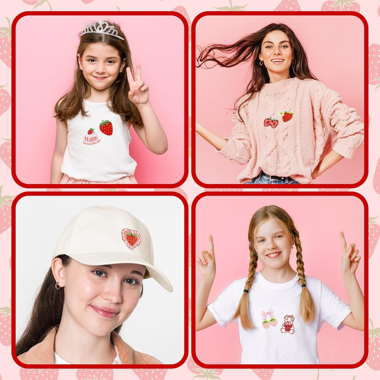 12Pcs Strawberry Iron on Patches Cute Fruit Cake Bow Sew on Repair Embroidered Applique Pink Red Coquette Aesthetic Girly Style DIY Craft Accessories Gifts for Preppy Girls Women Clothing Backpack Hat image number 2