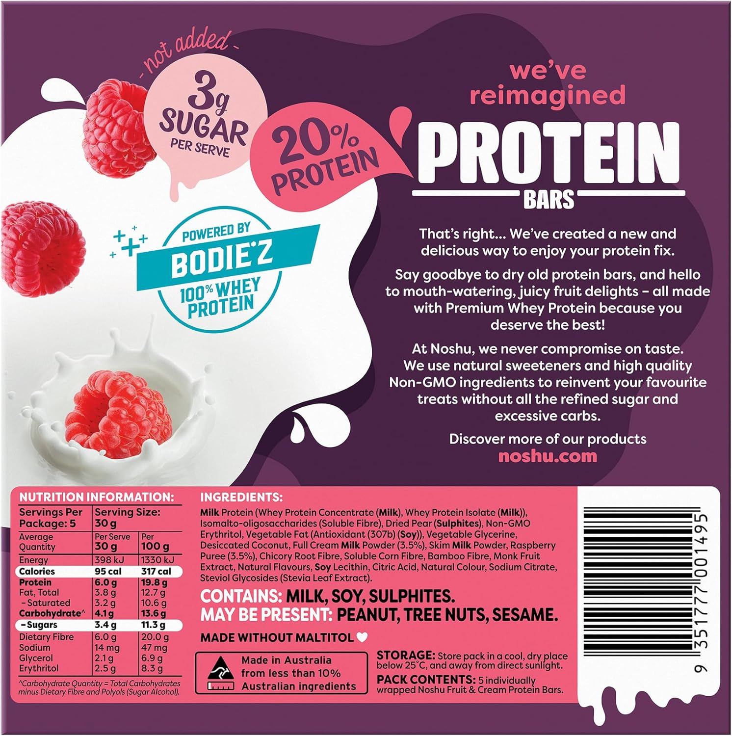 Noshu Raspberry & Cream Protein Bars &ndash; 5 Pack (150G) image number 1