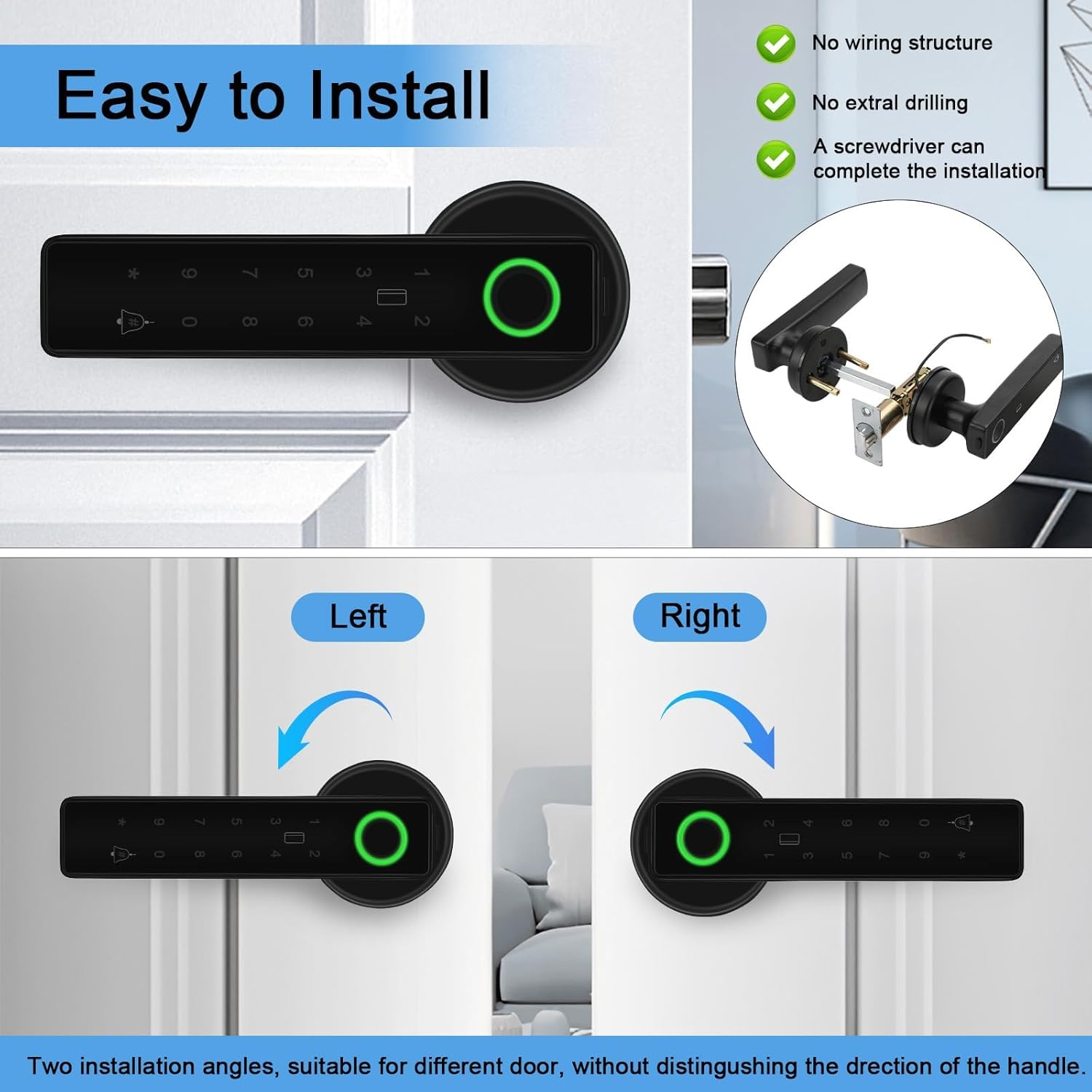 Smart Lock, Fingerprint Smart Door Lock Handle, 5-In-1 Electronic Digital Door Touch Lock, Left-Right Adjustable Door Handle for Front Door, Home, Office, Apartment (Black) image number 5