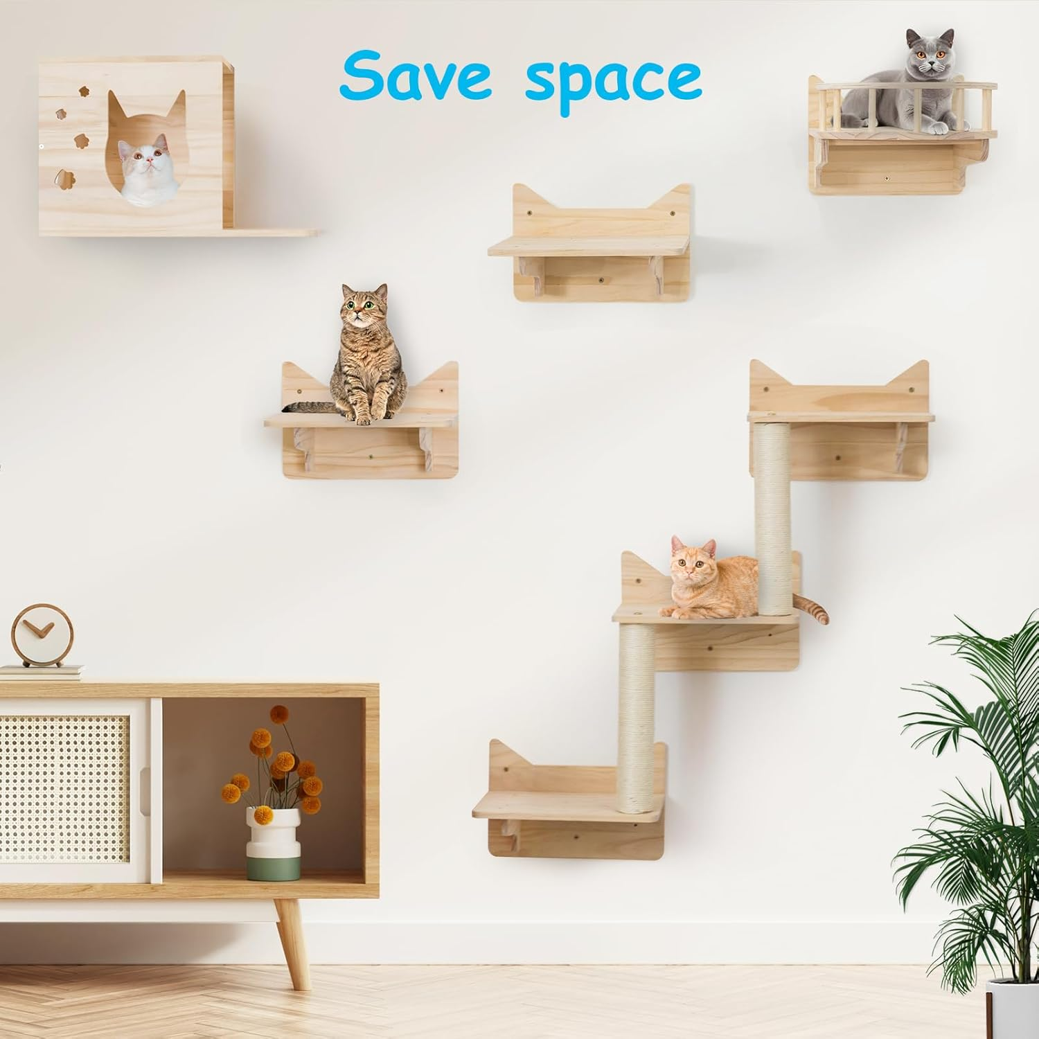 Pine Cat Wall Shelves, Set of 5 Cat Wall Furniture, Cat Scratching Post with 3 Steps, Cat Perch, Cat House and Cat Condo - Cat Shelves for Wall image number 5