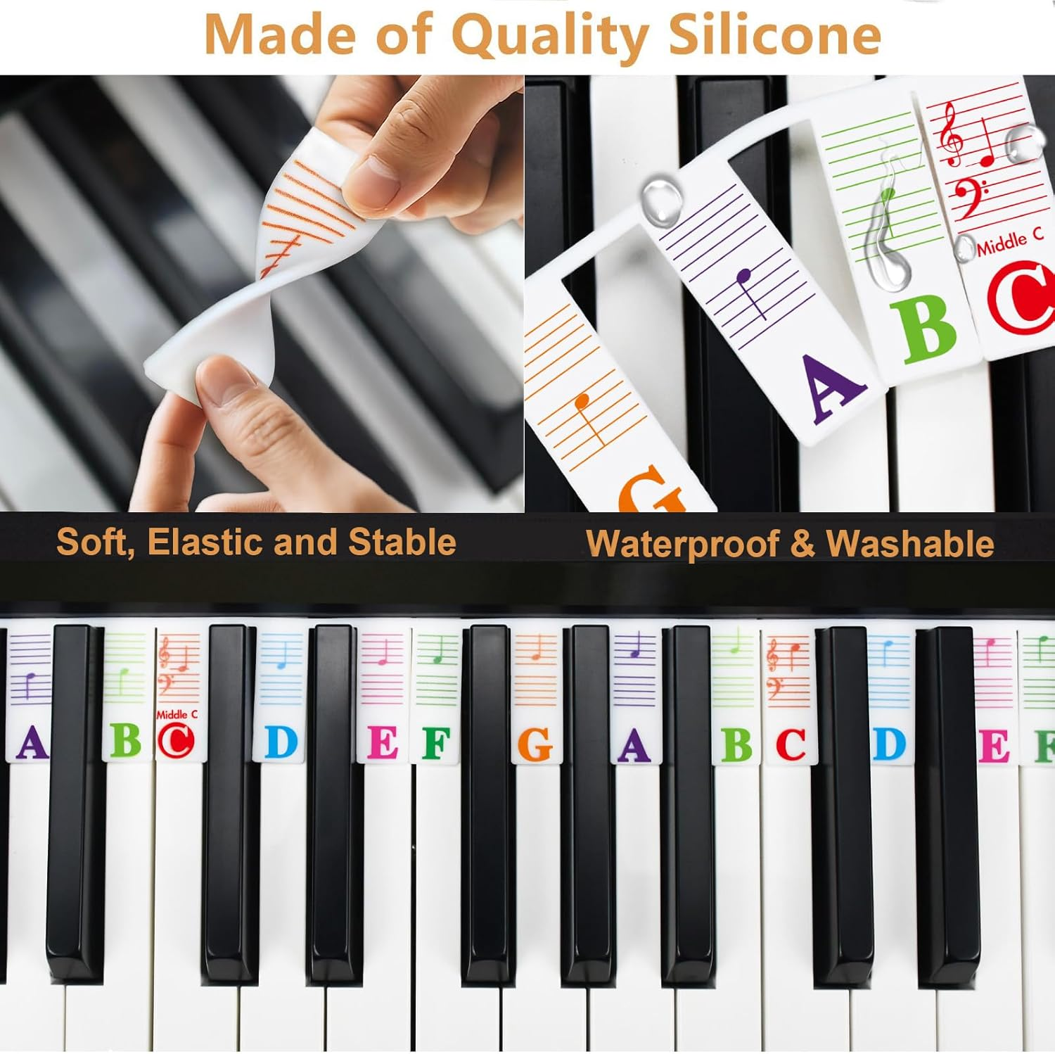 Piano Key Labels, Azymi Removable Keyboard Note Guide for Beginner for 88/76/61/54/49/37 Keys Reusable Silicone Strips Multi-Color Larger Bold Letter for Kids image number 4