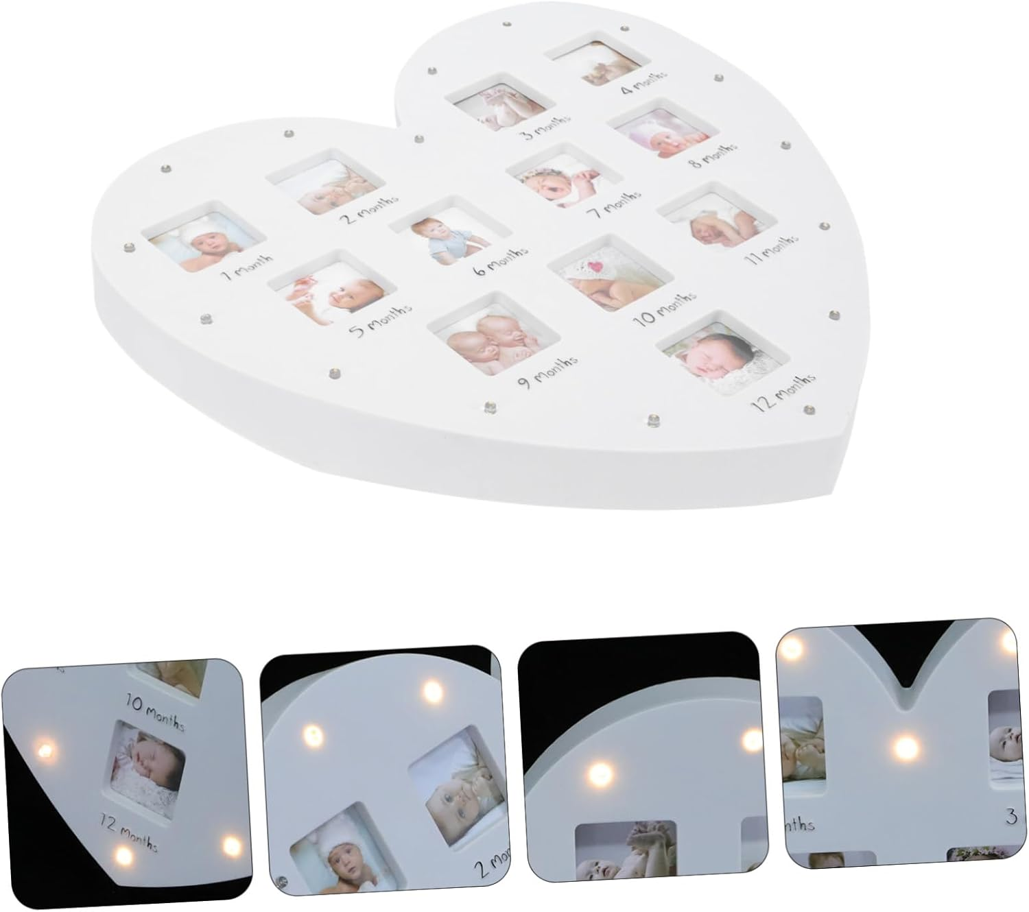 SHOWERORO 1Pc Heart Shaped Photo Frame with LED Light Month Growth Record Keepsake Display Durable Memory for Newborns Wall Tabletop Decoration for Celebrating Milestones image number 1