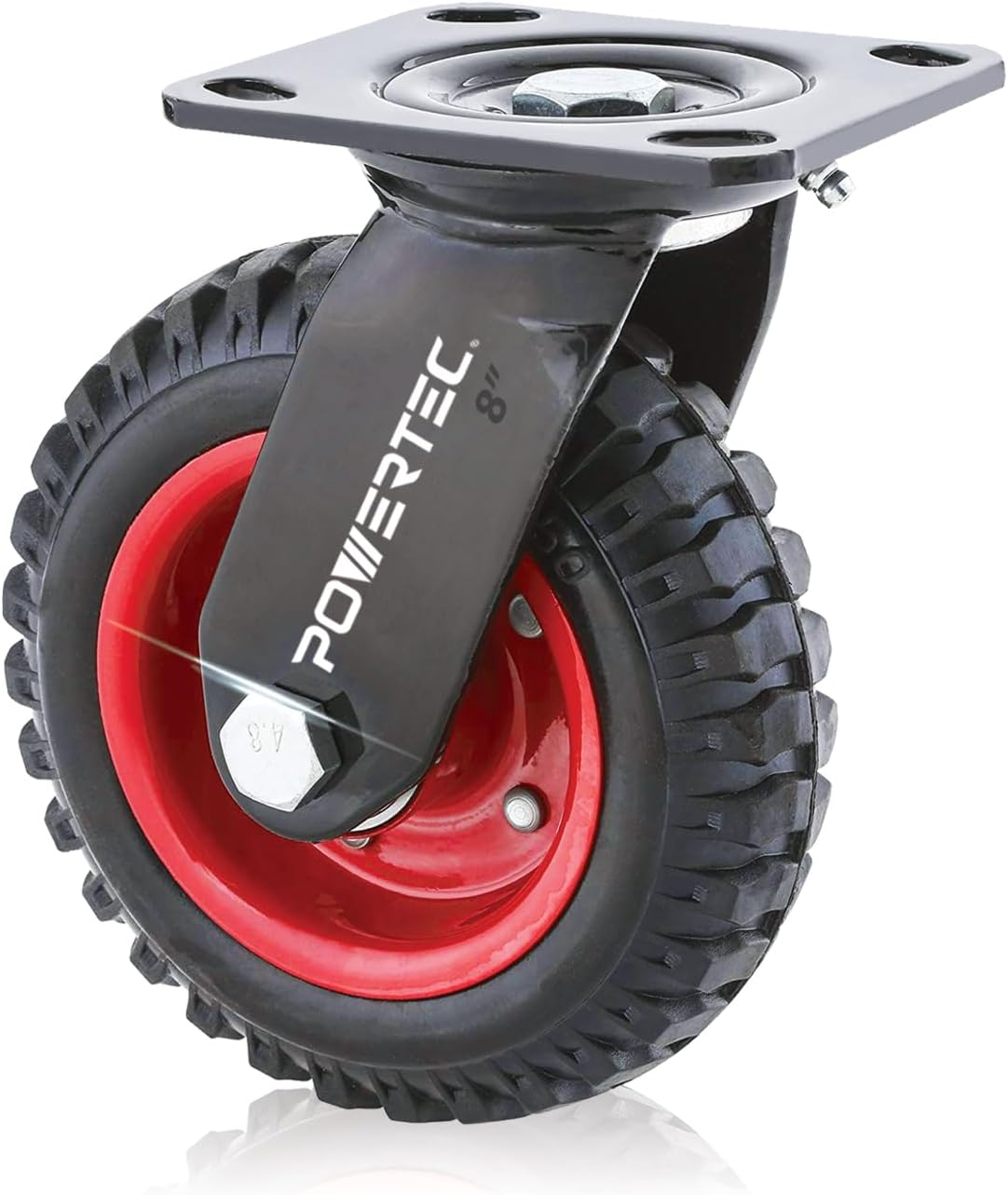POWERTEC 8 Inch Caster Wheels, Heavy Duty Swivel Plate Casters with Rubber Knobby Tread for Workbench, Dolly, Cart, Trolley, Wagon and Chicken Coop, Large Rubber Castor Wheels, 1PK (17051) image number 3