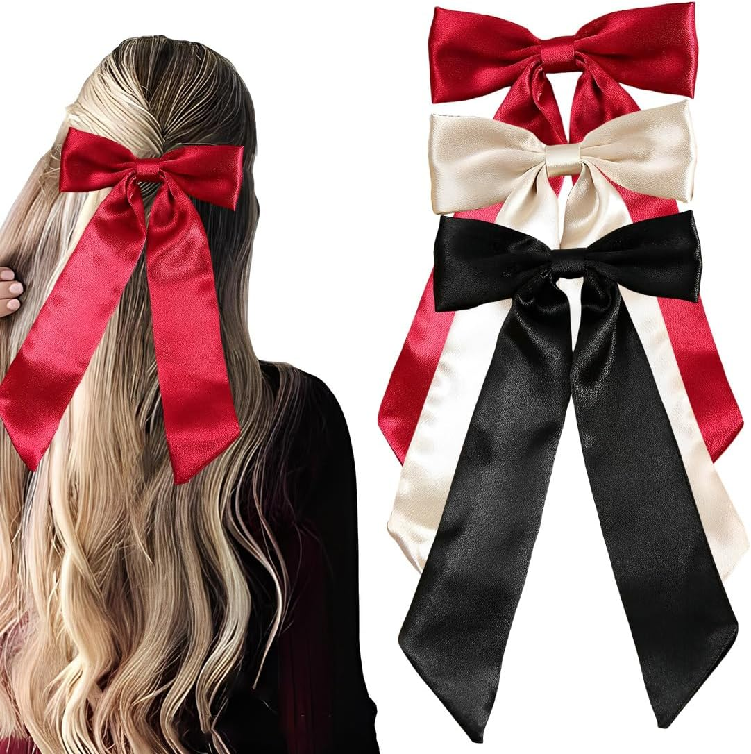 XUZOPIM Women'S Hair Bow, Pack of 3 Hair Clips, Chiffon Satin Ribbon Bow Hair, French Hair Bows Girls, Metal Bow Knot Clips Hair Accessories, Hair Pin for Women Girls, Red Black Apricot