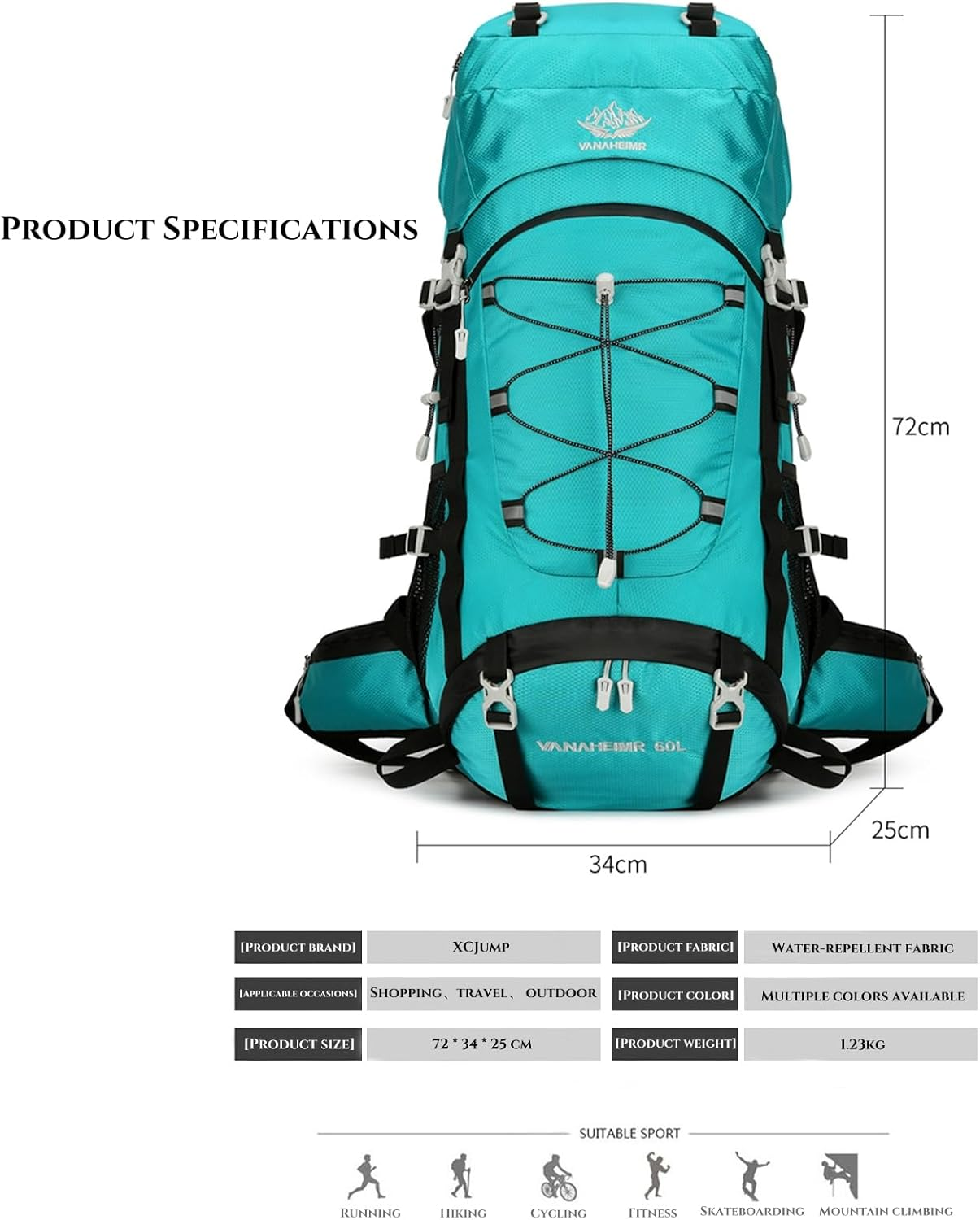 Xcjump 60L Hiking Backpack Water Resistant Outdoor Sports Travel Daypack Bag Lightweight Bag with Rain Coverfor Women Men Mountaineering Camping Tourism image number 2
