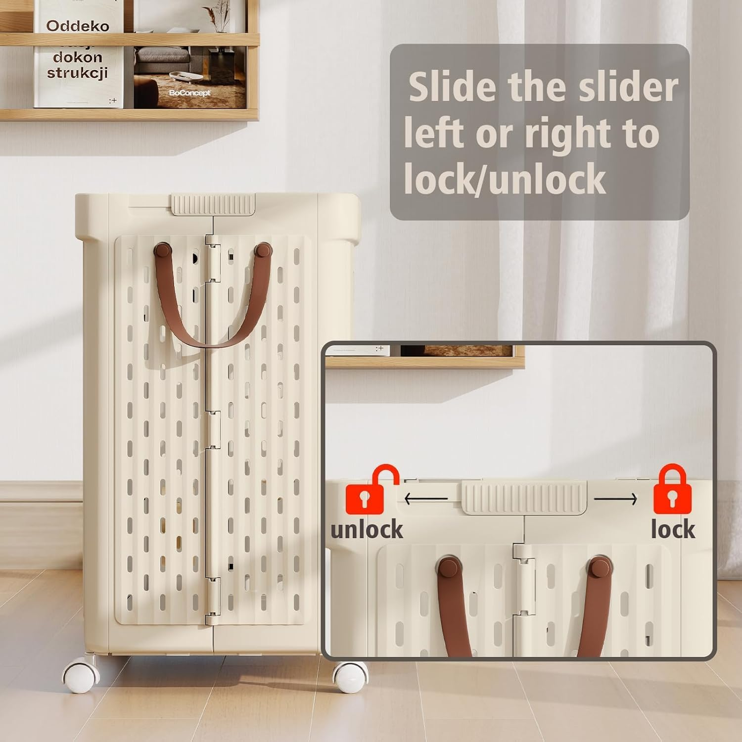 Roagoway Laundry Basket with Wheels, Collapsible Plastic Laundry Hamper with Handle, Foldable Laundry Basket Organizer for Laundry and Bathroom (Ivory, 40L) image number 4