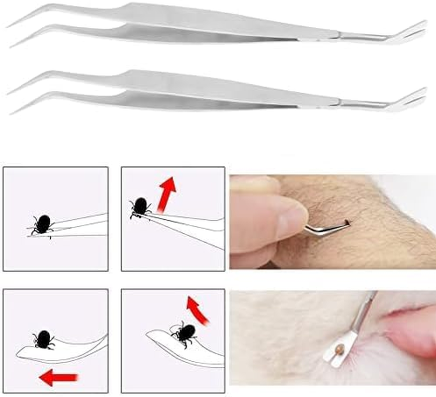 2 Pcs Stainless Steel Tick Tweezers,Tick Removal Tool Set for Pet Skin Protection, Silver image number 4