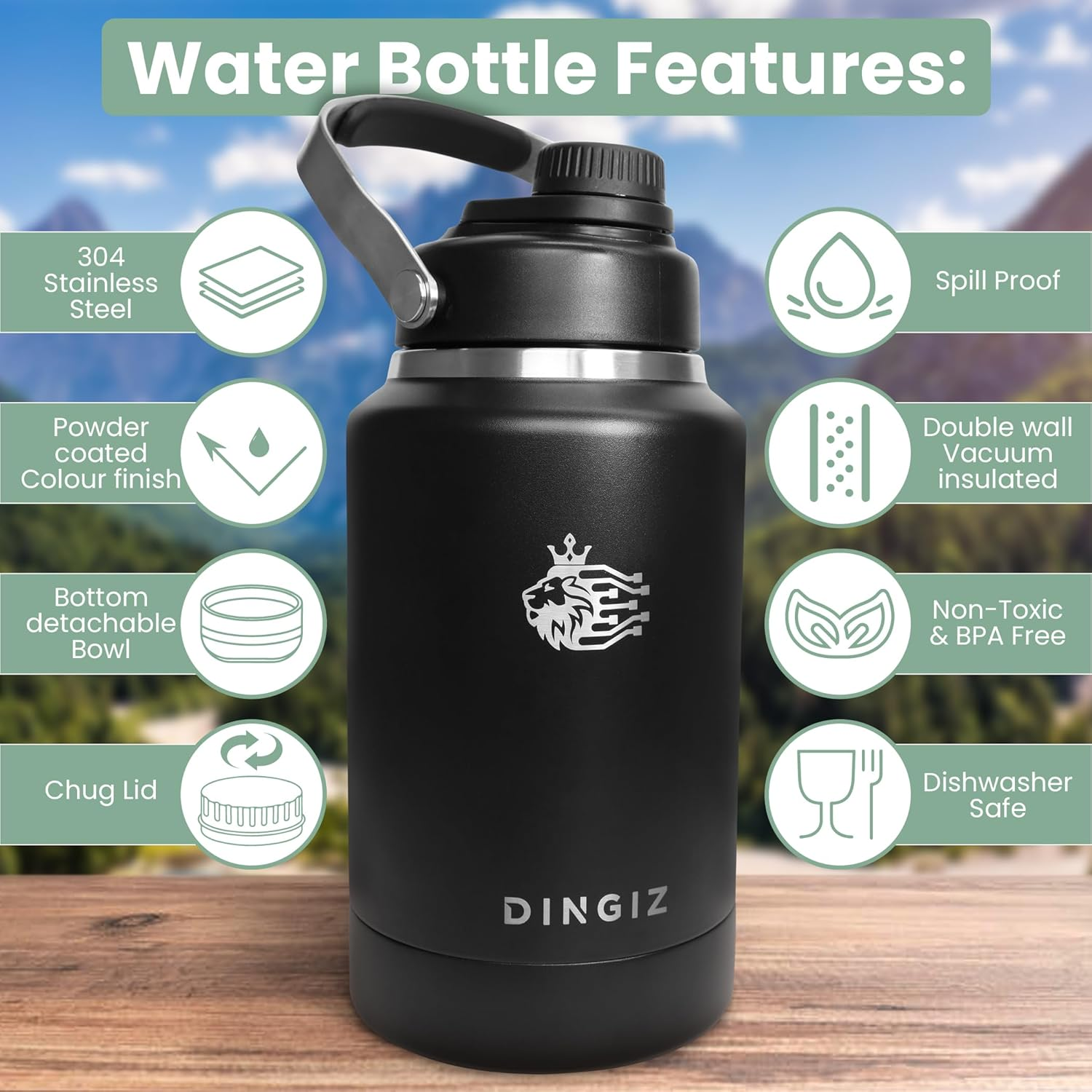 Dingiz 64Oz Insulated Stainless Steel Water Bottle &ndash; Half Gallon Water Jug with Detachable Pet Bowl, Leakproof Wide-Mouth Lid, and Sturdy Handle for Camping, Hiking, Gym, Pets & Outdoor Activities image number 1