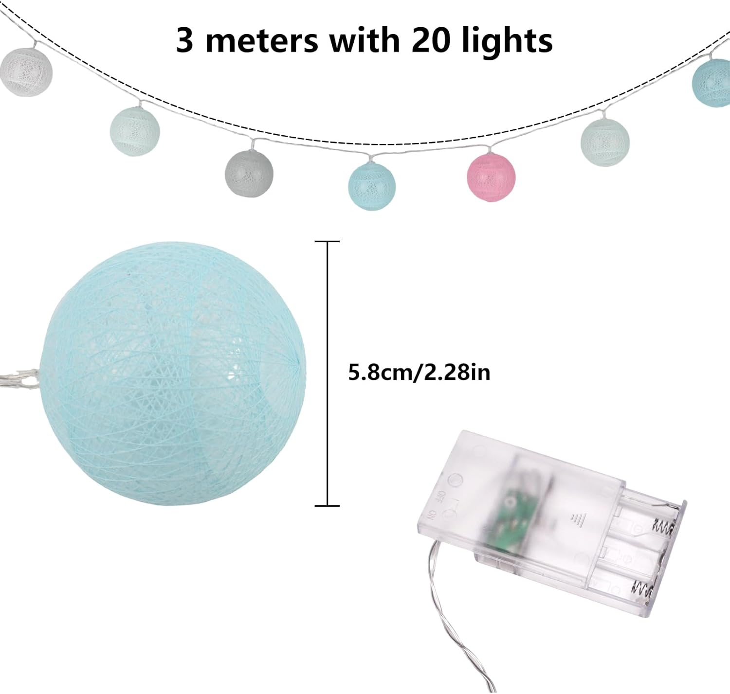 Xmart Fairy Lights Indoor Battery 20 LED 3 Metres / 2.36 Feet Cotton Swab Lamp External Battery Fairy Lights Balls for Holiday Party Living Room Wedding Balcony (Macaron Colour) image number 5