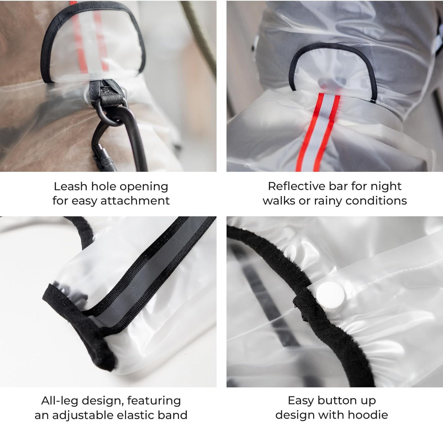 Dog Raincoat Poncho with Hood, Rain Jacket, Waterproof, Windproof, Transparent with Reflective Strip and Leash Hole, Full Body Four Legs Cover (Transparent, L) image number 3