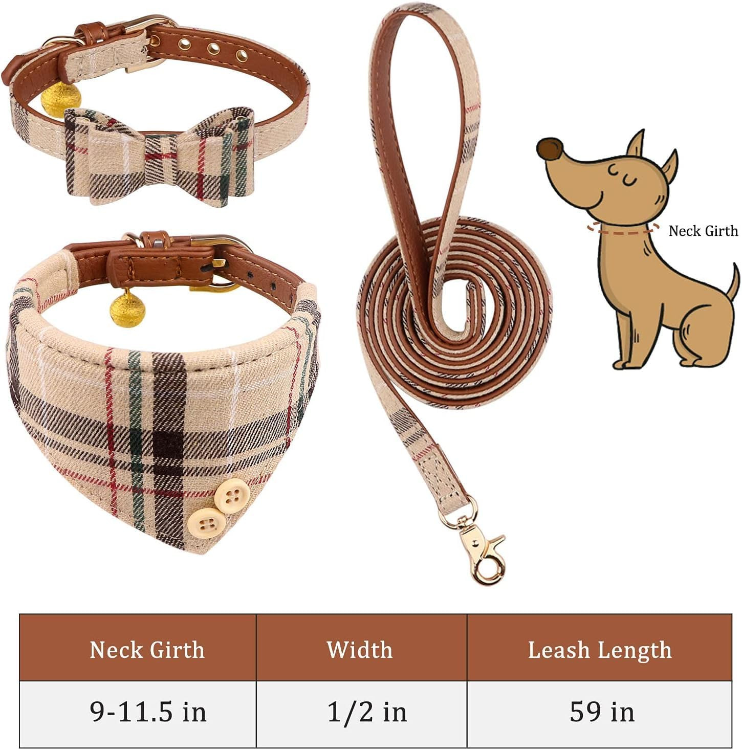 3 PCS Dog Collars for Small Puppy Collar and Leash Set, Bow Tie with Bell, Bandana Leather for Small Dogs Puppies and Cats(Beige) image number 6