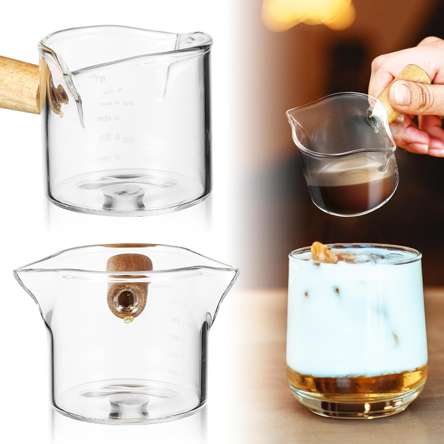 Toyvian 2Pcs Glass Latte Art Pitcher with Clear Scale and Handle Coffee Syrup Measuring Cup for Espresso Milk Frothing and Latte Pouring Thick Glass for Home and Cafe Use image number 2