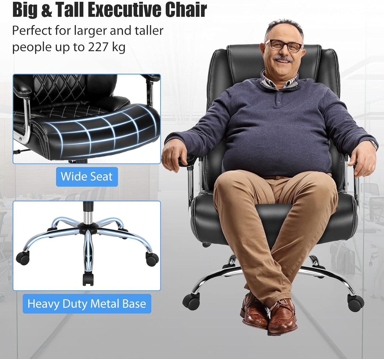 Giantex Big & Tall Office Chair 230KG, Height Adjustable Executive Chair, Swivel Task Chair with Upgraded Padded Armrest, Computer Desk Chair with Metal Base, Rocking Backrest, Extra Wide Seat, Black - Black image number 6