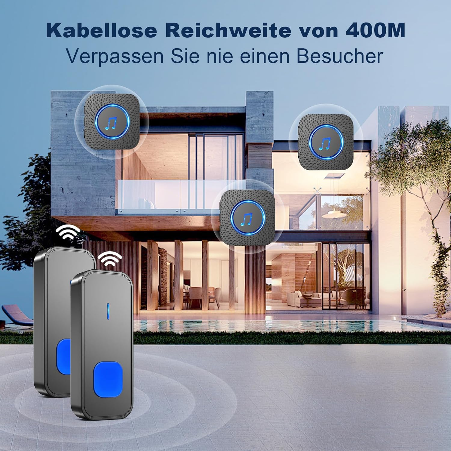 SURFOU Wireless Doorbell Set 400 M Range Outdoor Waterproof Front Door with 2 Transmitters Battery Operated Bell with 3 Receivers with LED Flashing 5 Vol. 55 Melodies Black image number 2