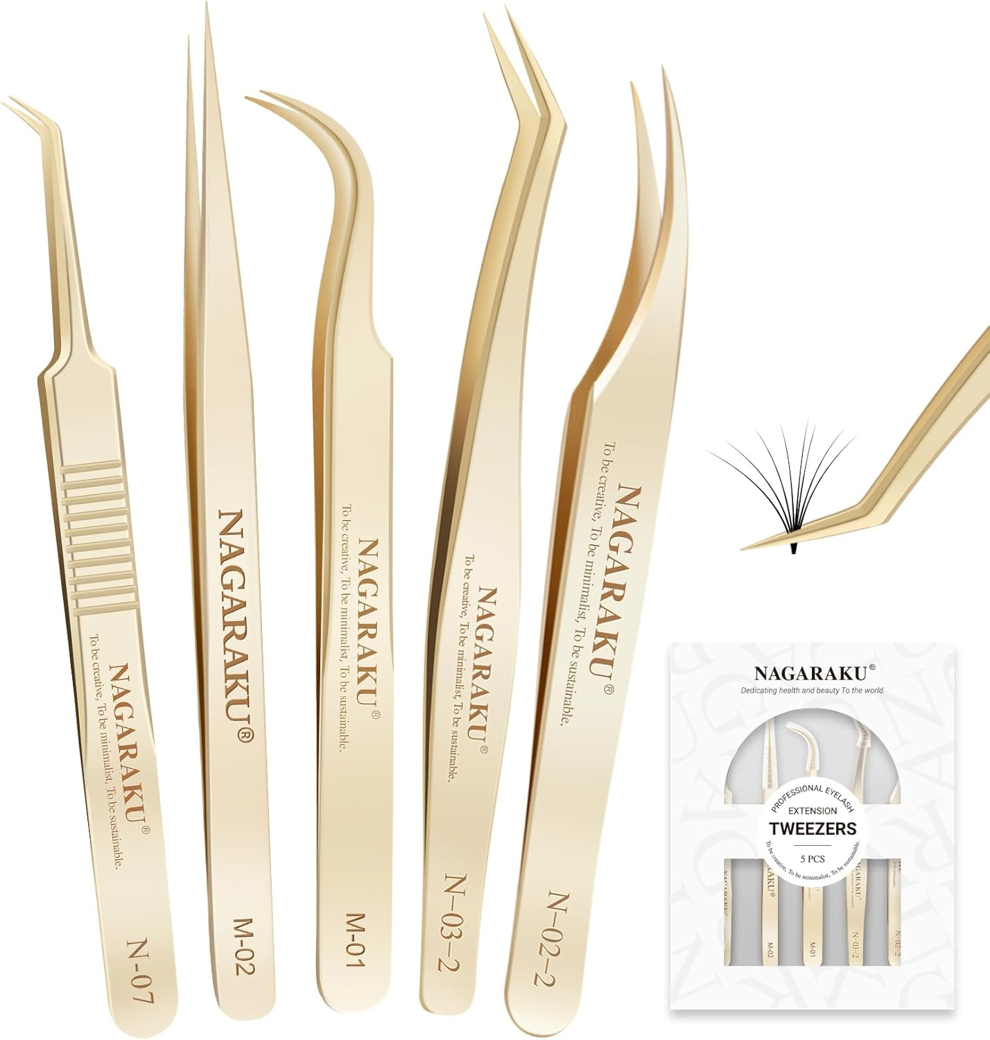 NAGARAKU 5 PCS Tweezers for Eyelash Extensions Straight and Curved Precision Professional Volume Easy Fanning Lash Precise Point Lash Tweezers with Storage Case Bag image number 2