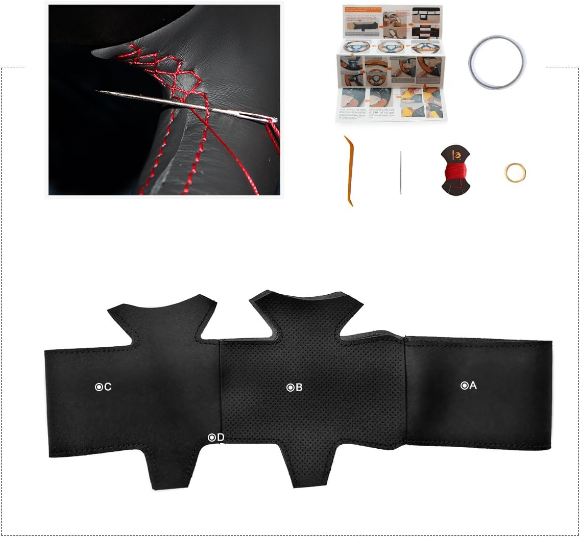 MEWANT Customiezd Black Genuine Leather Car Steering Wheel Covers for Nissan Almera (N16) 2000-2003 / X-Trail (T30) 2001-2003 / Terrano 2 2001-2002 image number 2