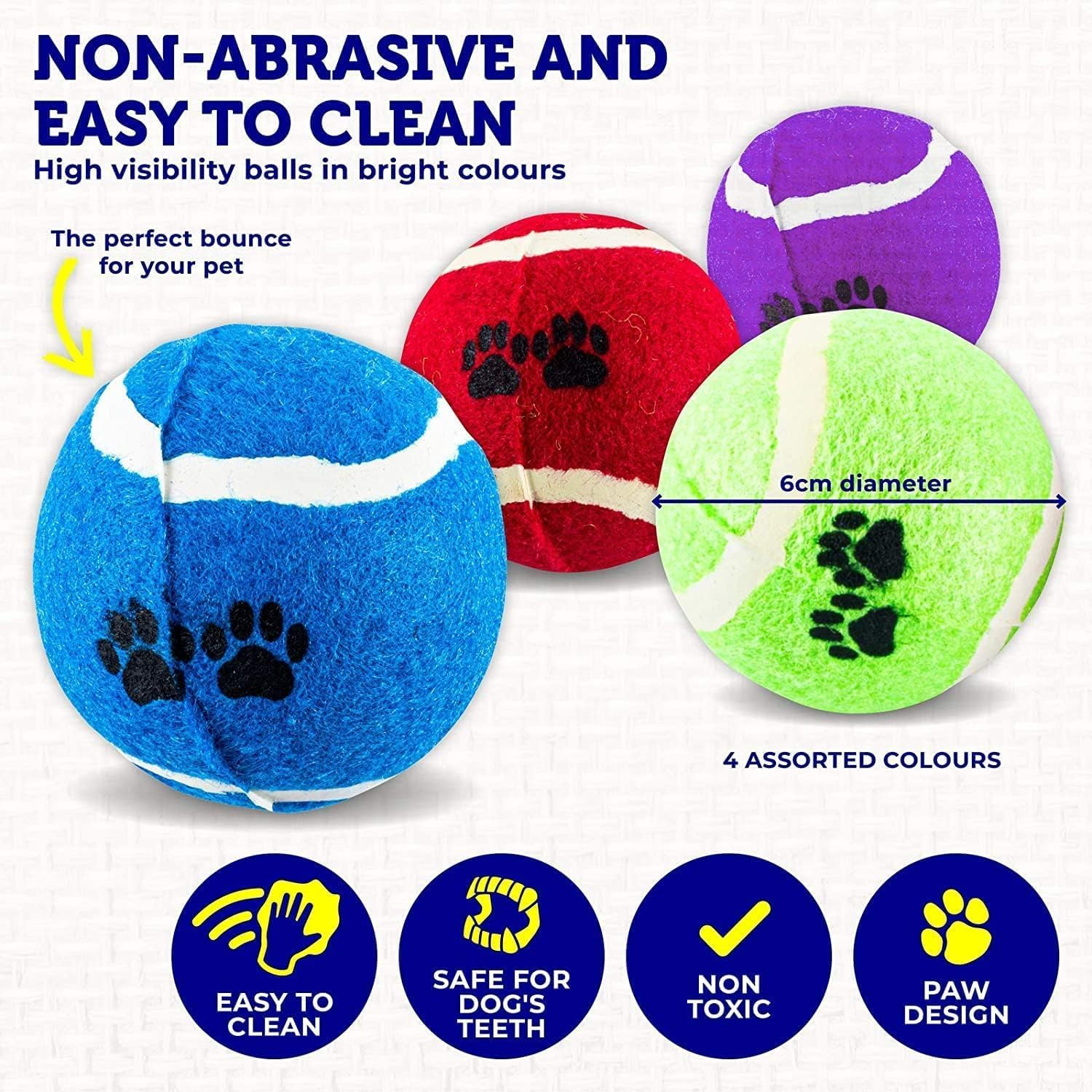 [12PCE] Pet Basic Dog Tennis Fetch Balls, Safe for Dog'S Teeth, Paw Design on Ball, Suitable for Indoor and Outdoor Use, Provides Quality Play Time for You and Your Dog -Assorted Colors (6Cm) image number 1