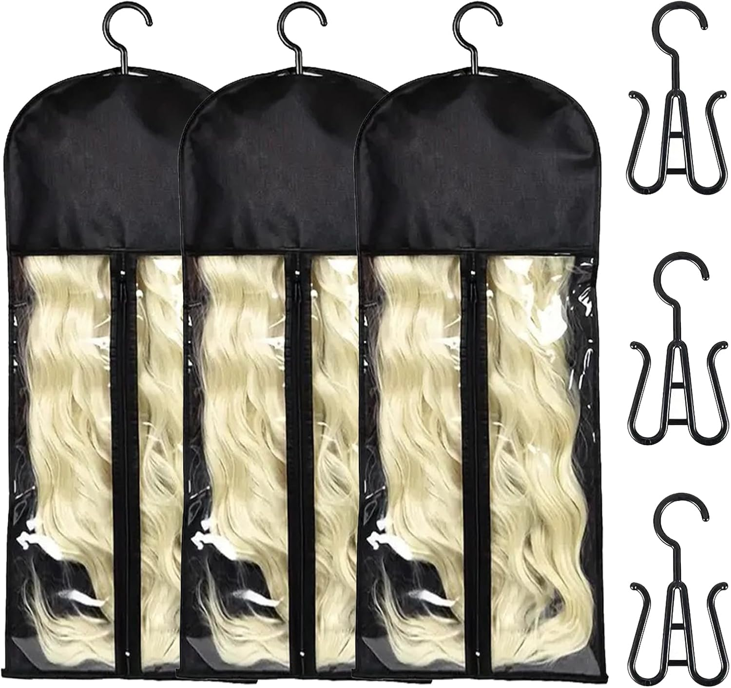 TYXHXTF 3Pcs Wig Storage Bag, Dustproof Wig Bag, Hair Extension Storage, Wig Storage Bag with Hanger (Black) image number 2