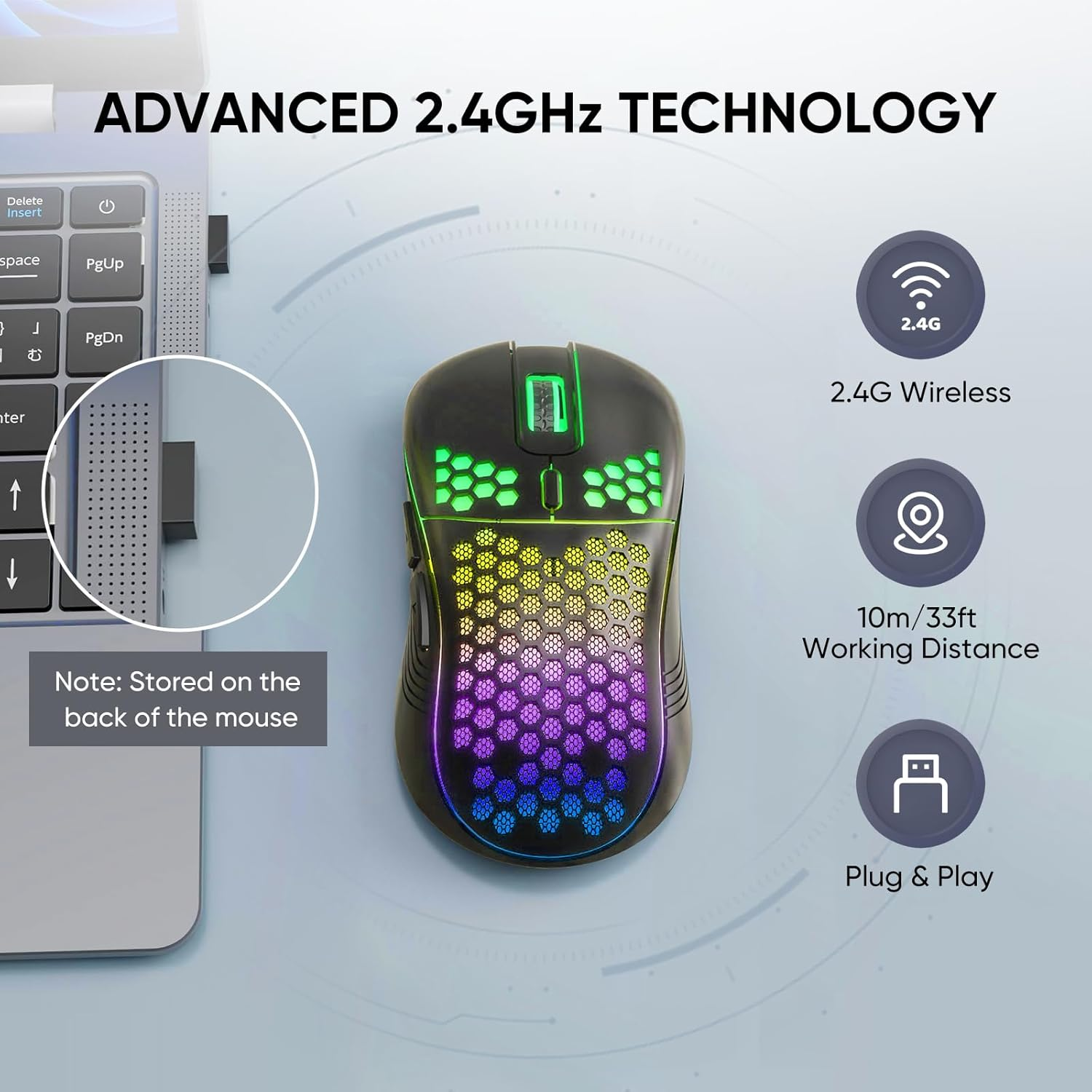 MELOGAGA Wireless Gaming Mouse Honeycomb 2.4G USB Cordless Mouse RGB Rechargeable PC Game Mice with 7-Color LED Lights，4 Adjustable DPI for Windows Laptop Desktop Computers -Black - Wireless_White image number 6
