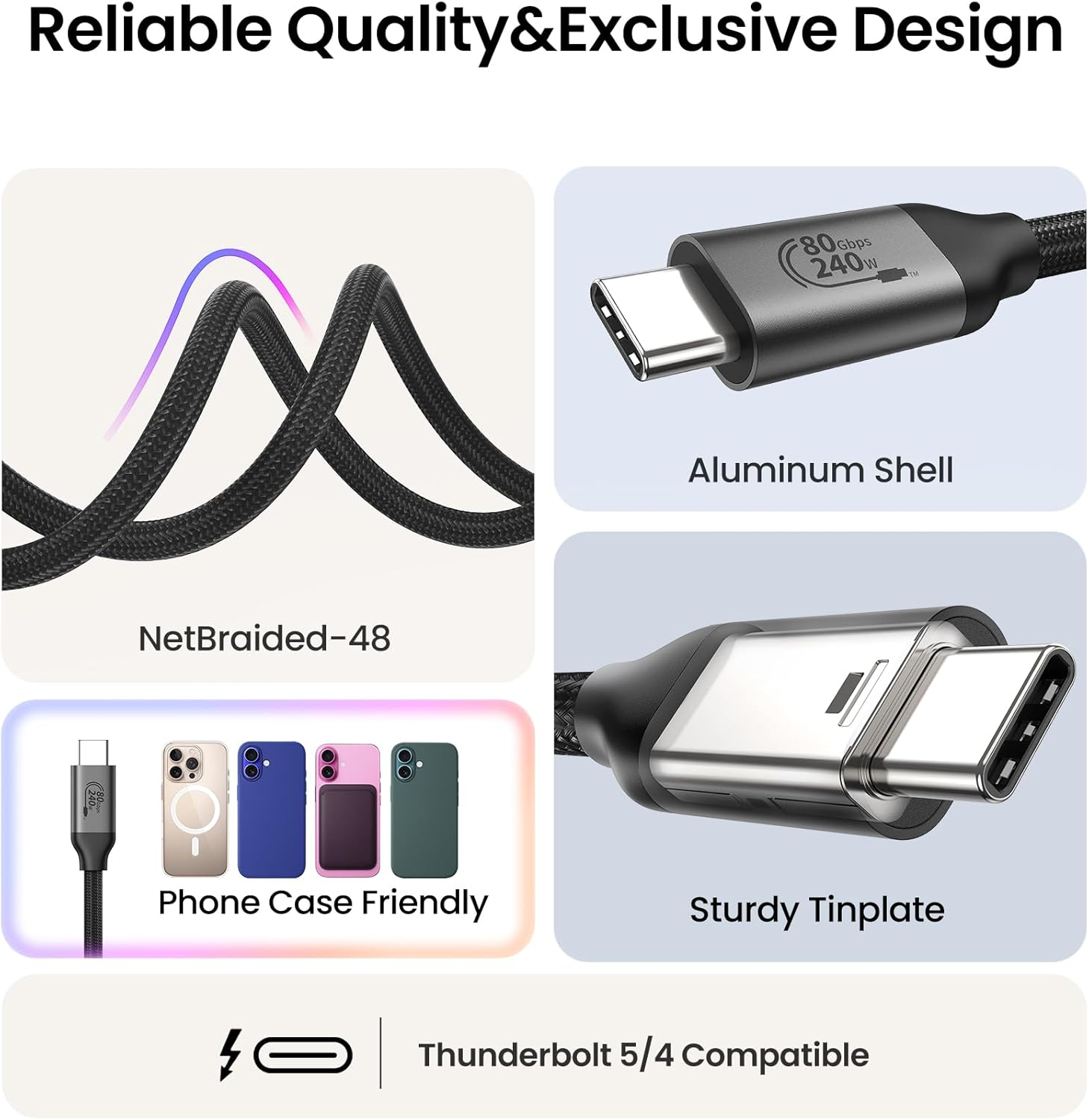 Silkland 80Gbps USB 4 Cable for Thunderbolt 5 Cable 0.3M, 120Gbps Bandwidth for 16K/Dual 8K, 240W Fast Charging, USB C Monitor Cable Compatible Thunderbolt 4/5/3, SSD, Monitor,Macbook M4 Pro,Dock