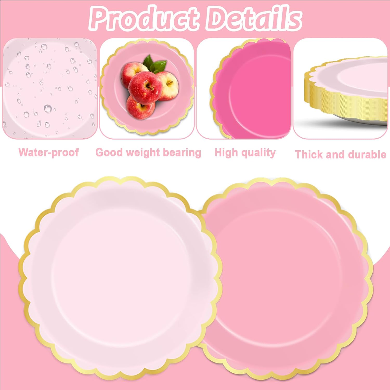 Wiooffen 48Pcs Pink Scalloped Paper Plates 9Inch Pink Gold Foil Border Plates Disposable Gradient Pink Tableware Set Hot Pink Dinner Dessert Plates for Wedding Bridal Baby Shower Birthday Supplies