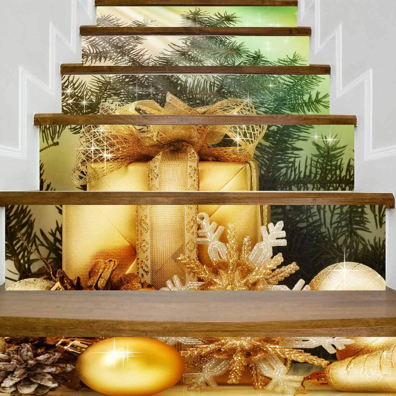 3D Christmas Stairway Sticker PVC Self-Adhesive Home Stairs Risers Stickers Removable Staircase Decals Vinyl Wall Stickers (Set of 6, Reindeer)