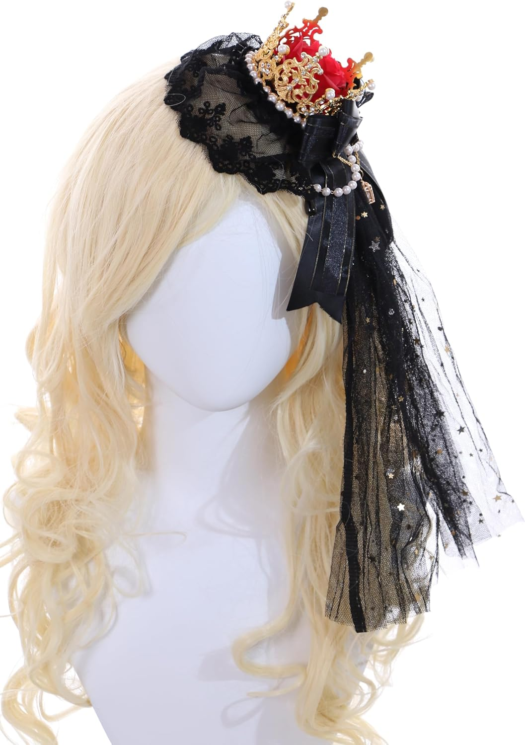 C-105-1 Black Veil Gold Crown Red Rose Bow Lace Ruffle Gothic Lolita Party Celebration Hair Accessories Head Accessory image number 3