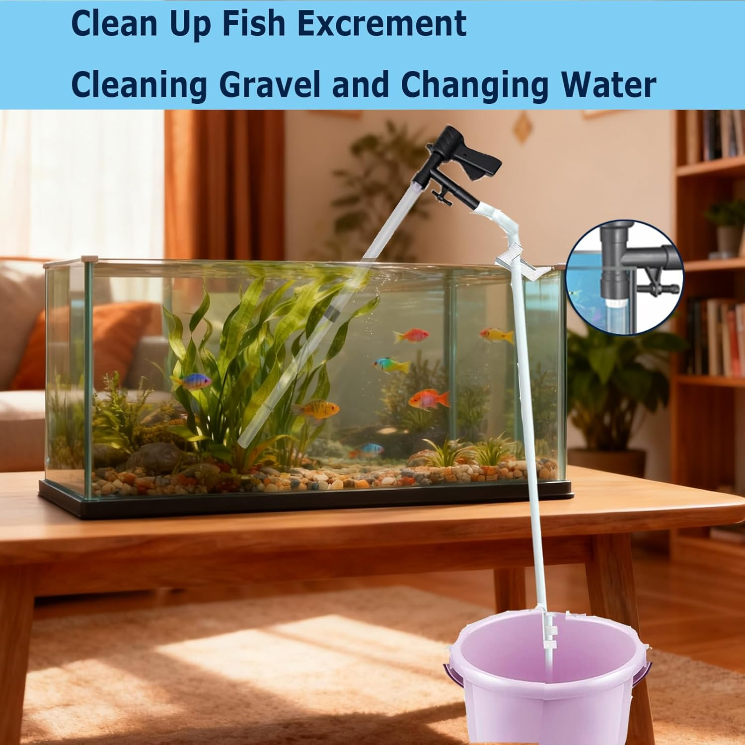 Fish Tank Vacuum Gravel Cleaner,Aquarium Water Changer with Air Push Button,Fish Tank Cleaner Kit with Sponge Brush Algae Scraper,Fish Net Use for Fish Tank Cleaning Gravel and Sand image number 5