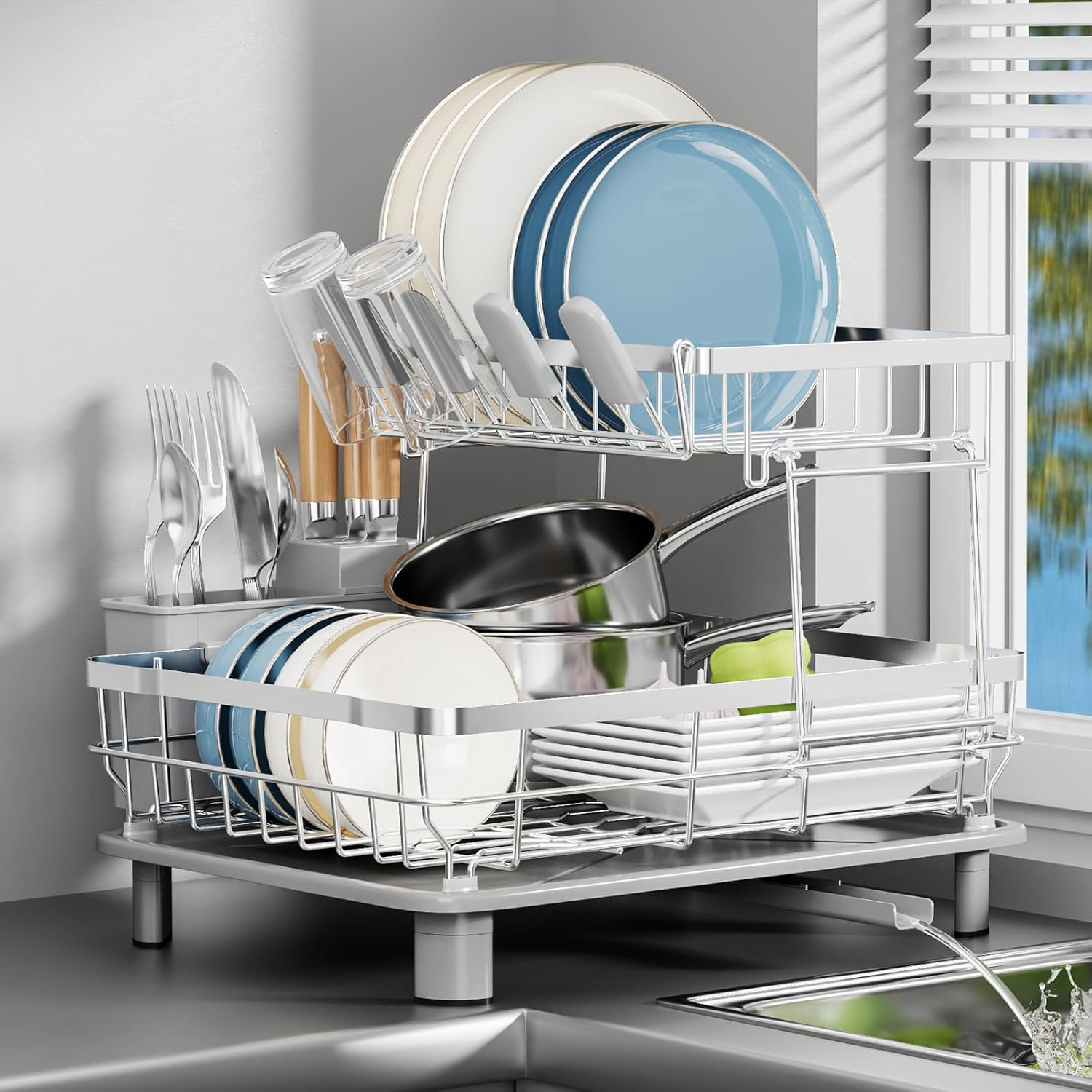 Sandream Dish Drying Rack, 2 Tier Large Dish Rack, Stainless Steel Dish Drainer for Kitchen Counter, Dish Rack with Draining Tray & Cutlery Utensil Holder (White)