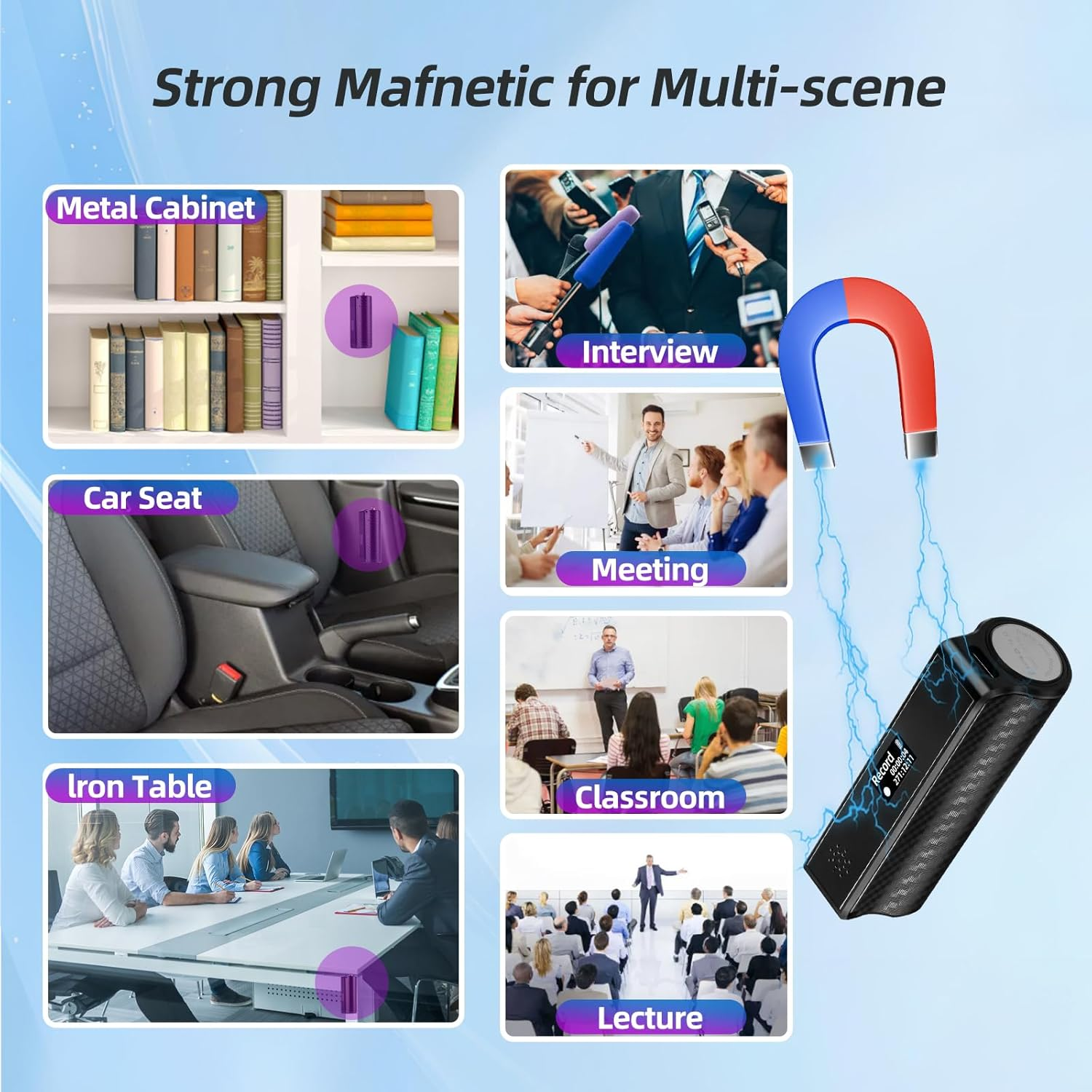 128GB Magnetic Digital Voice Recorder with LED Display, 25Days Continuous Recording Device with AI Triple Noise Reduction, Voice Activated Audio Recorder with Playback for Meetings/Lectures/Interviews image number 2