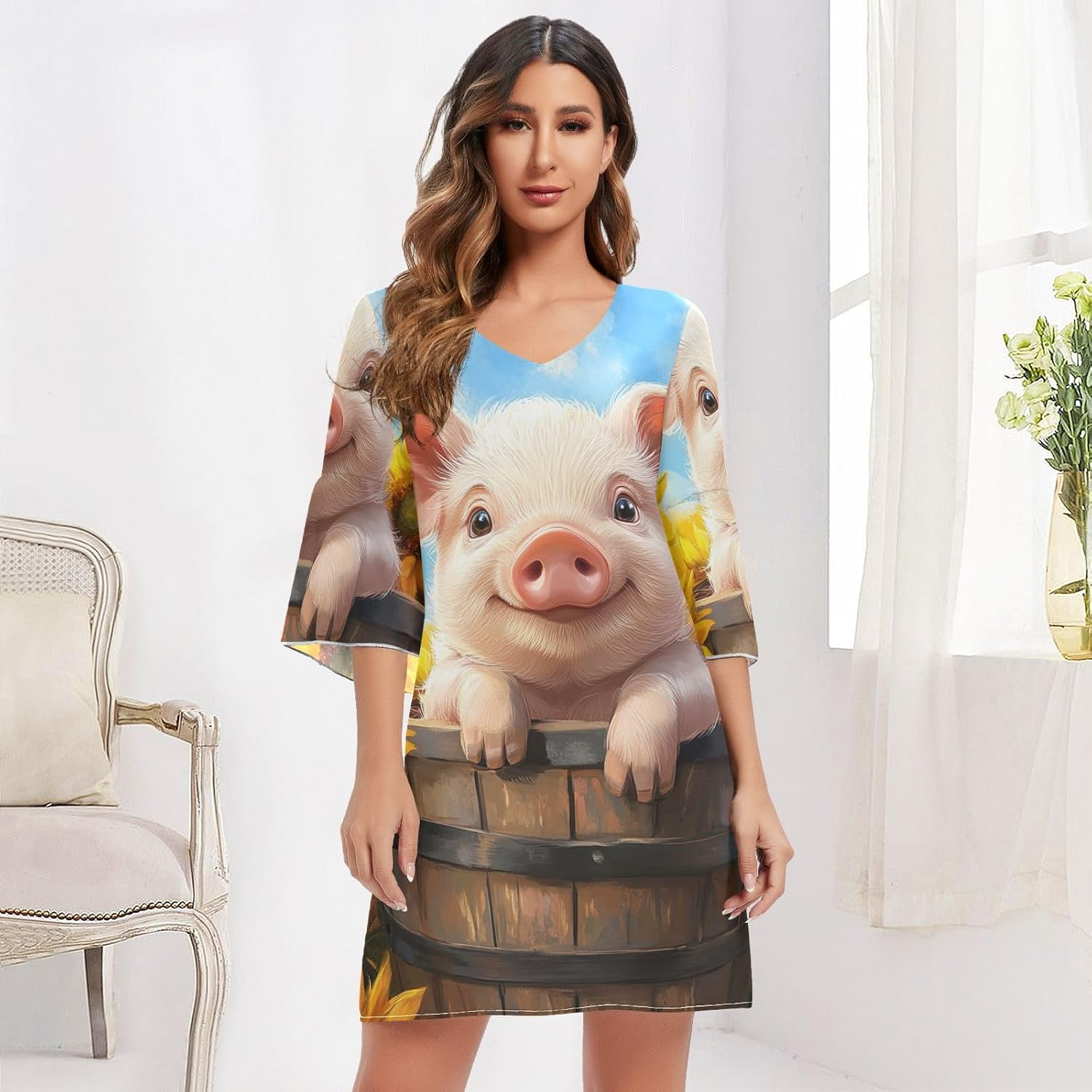 Cute Pig Short Chiffon Dress Print Dress Line Maternity Dress, Cute Pig 4, Large image number 4